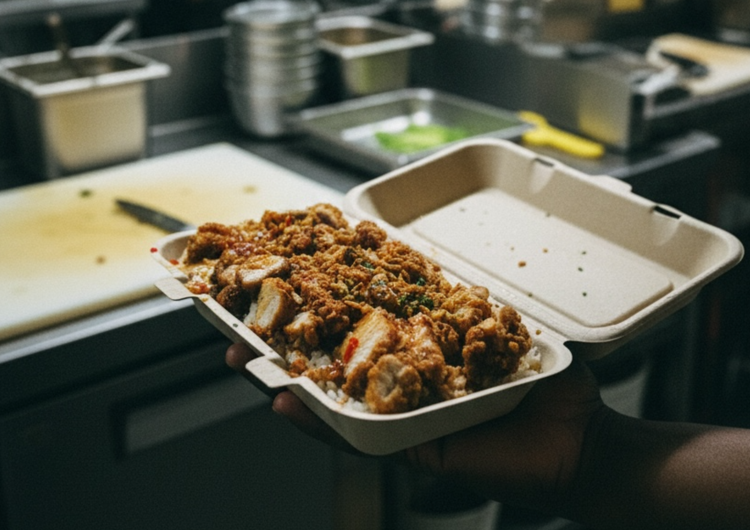 Plat de poulet frit avec du riz dans une boîte à emporter, dans une cuisine avec des ustensiles et des couvercles en acier inoxydable à l'arrière.
