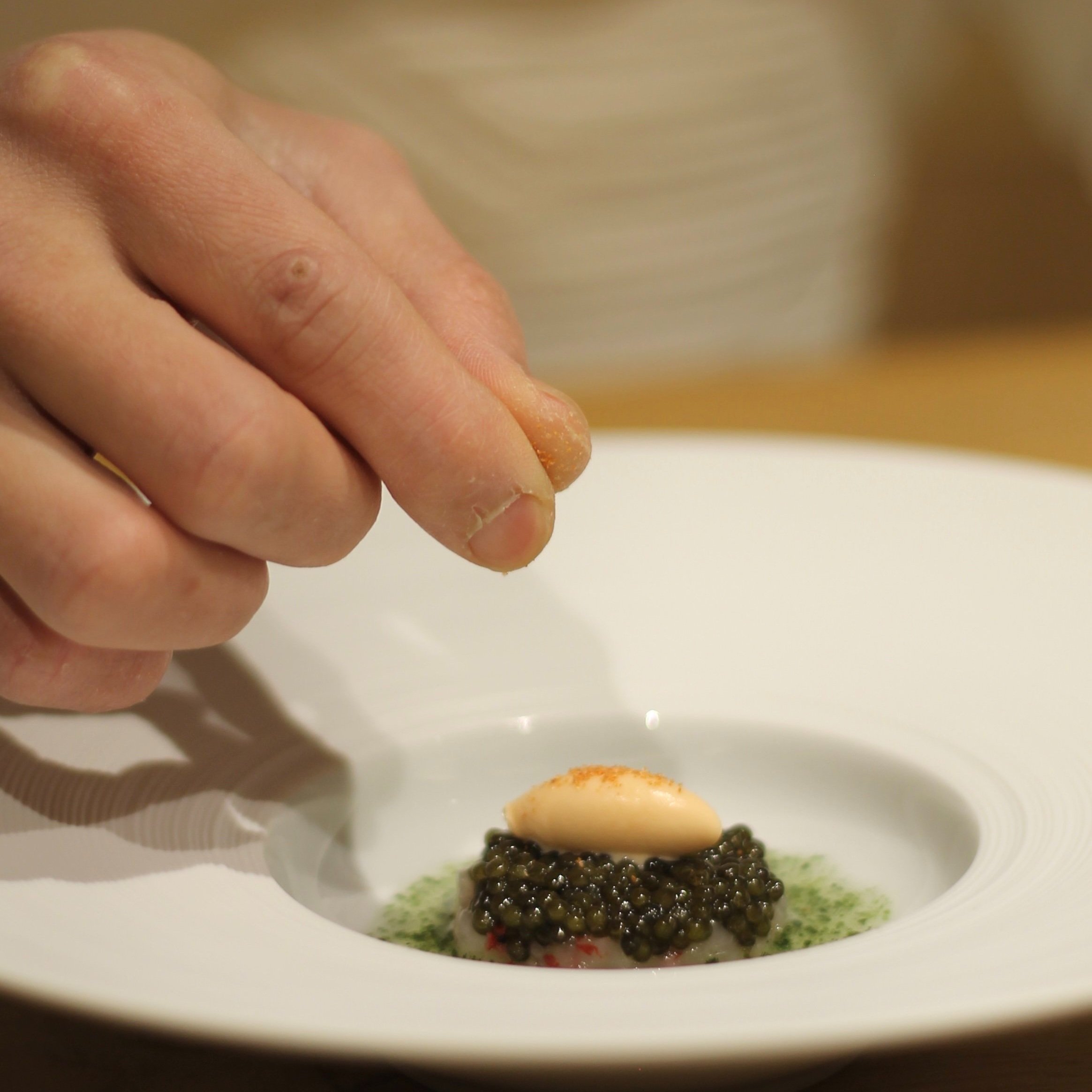 Carabineros tartar, caviar, finger lime, ice cream