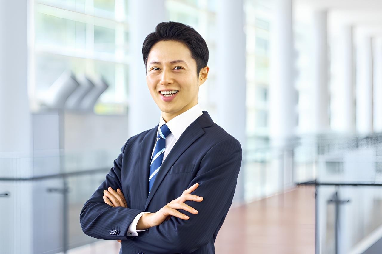 スーツを着た男性が笑顔で腕を組んでいる。背景は明るいオフィス内部。