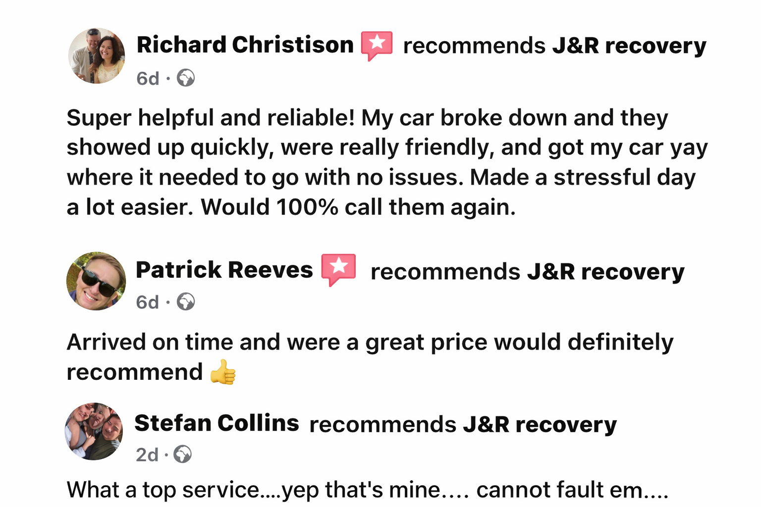 Facebook reviews for J&R Recovery from three different users, praising their service, punctuality, and professionalism.