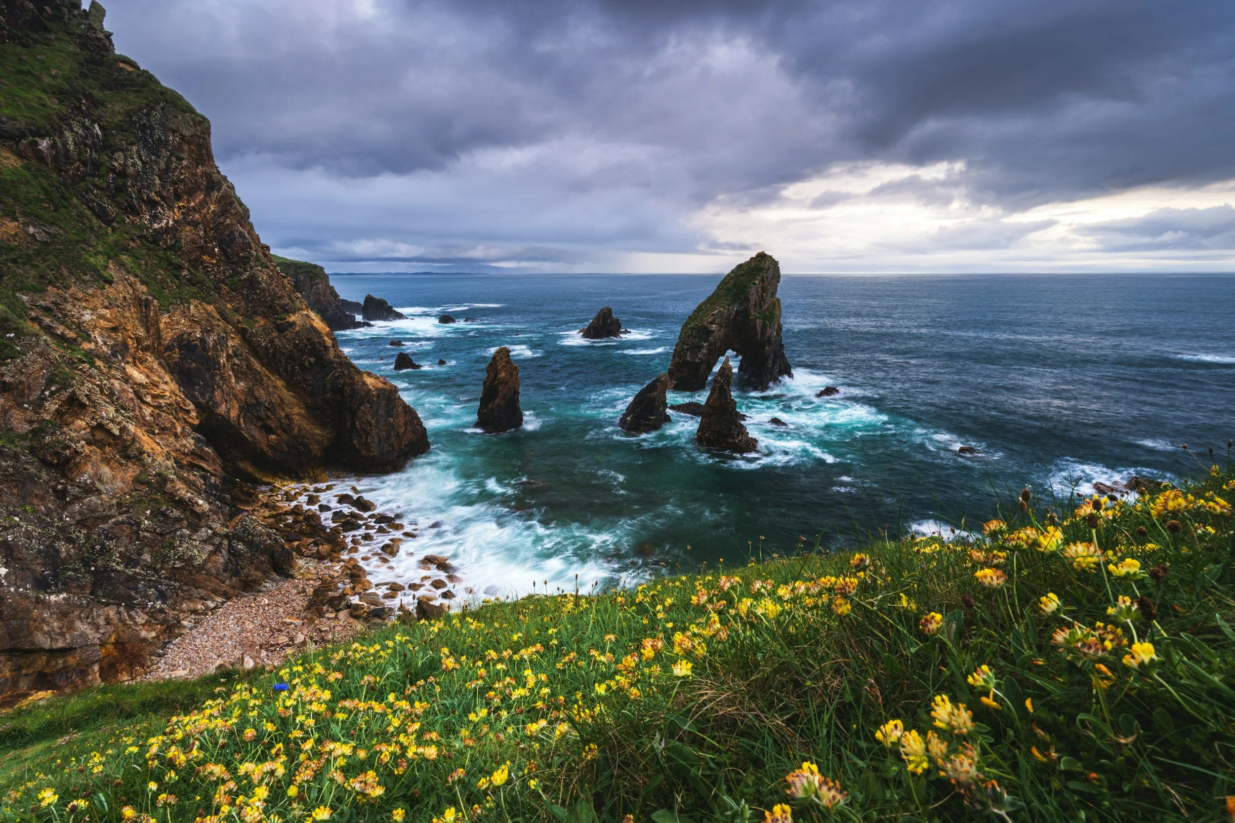 Cliffs overlooking a rocky coastline with a sea stack in the ocean, cloudy sky, and a grassy foreground with yellow wildflowers.