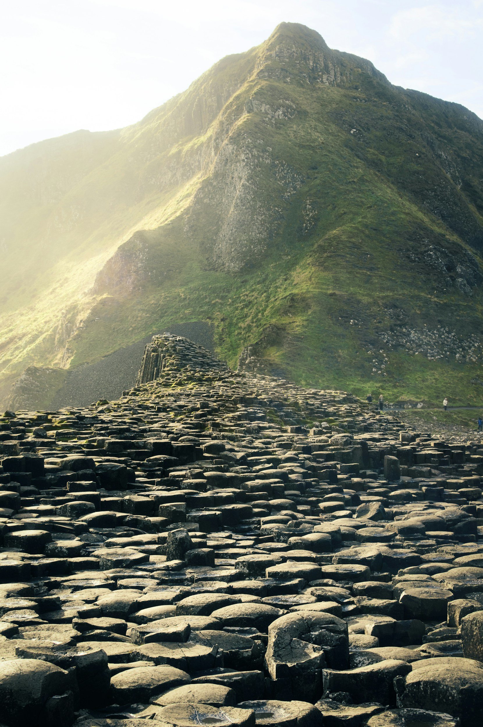 Close-up view of the Giant's Causeway, featuring large, dark basalt stones arranged in a natural tessellated pattern at the foot of a green, rugged hill in Ireland.