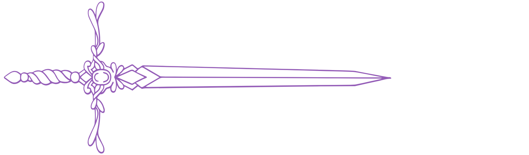 A purple outline of an ornate sword with a twisted, detailed hilt and a long, straight blade.