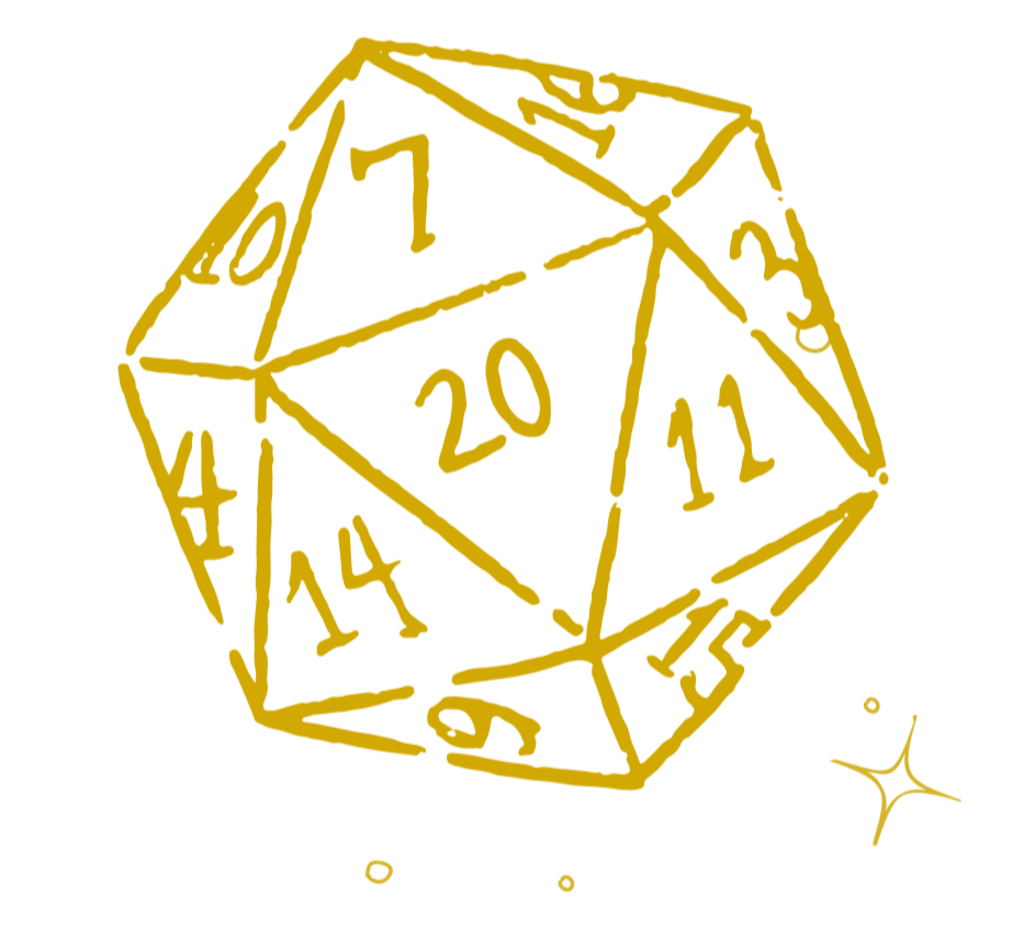 A 20-sided gold-colored die with black numbers on a black background, accompanied by small gold sparkles.