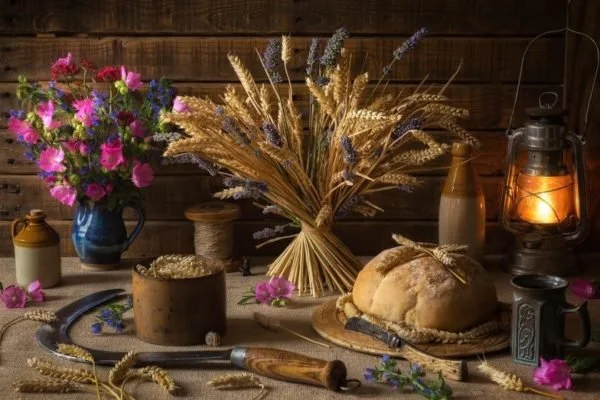 Lughnasadh Tabletop with flowers and barley