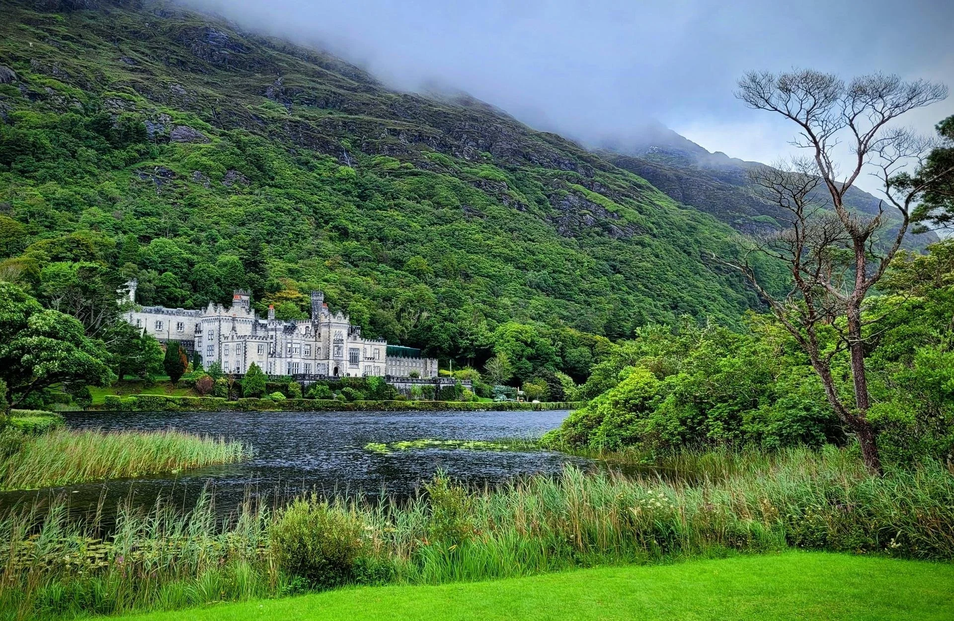 kylemore abbey in connemara with lush greenery in bloom