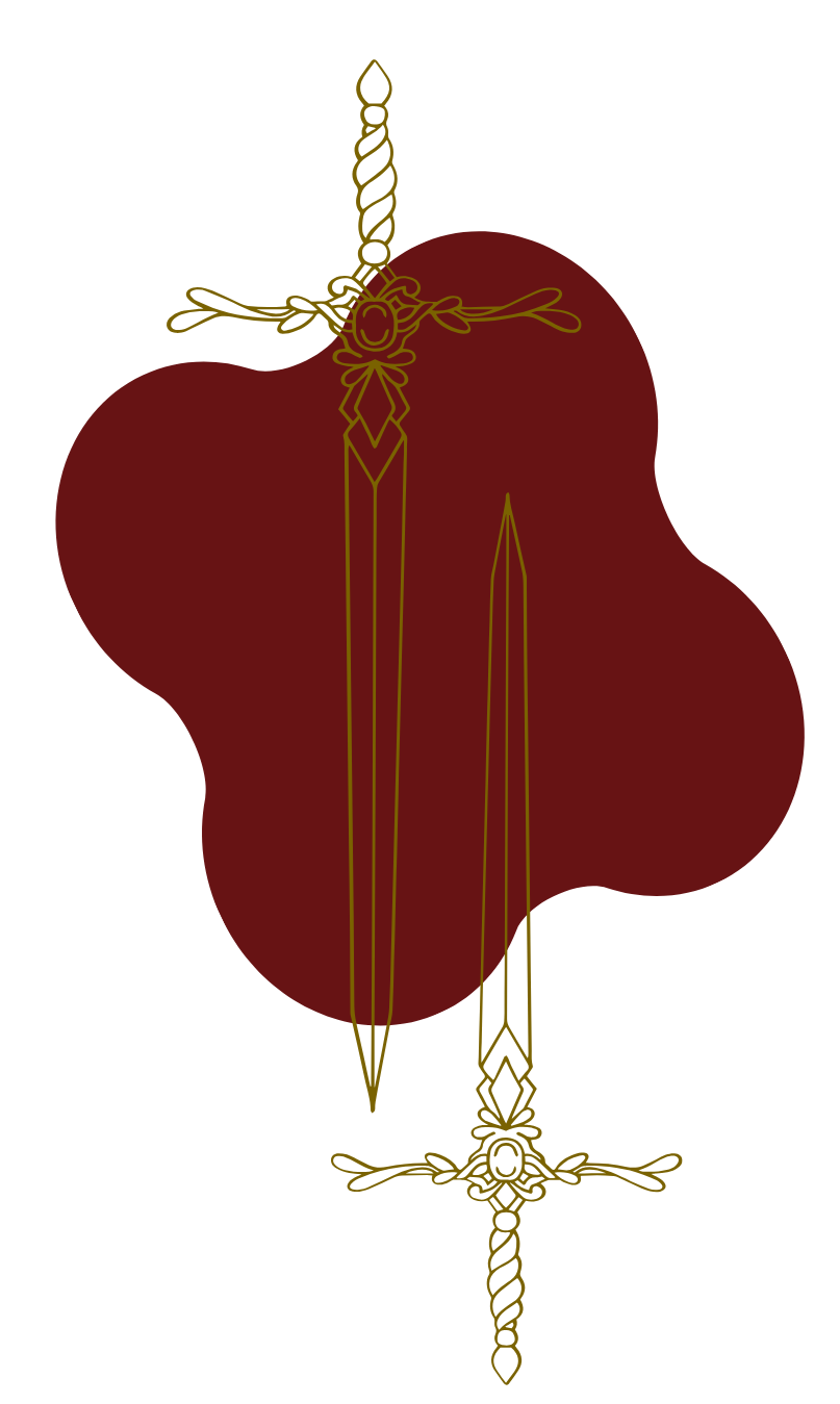 A drawing of a sword with a detailed hilt and a long, straight blade, positioned vertically in front of a red amorphous background.