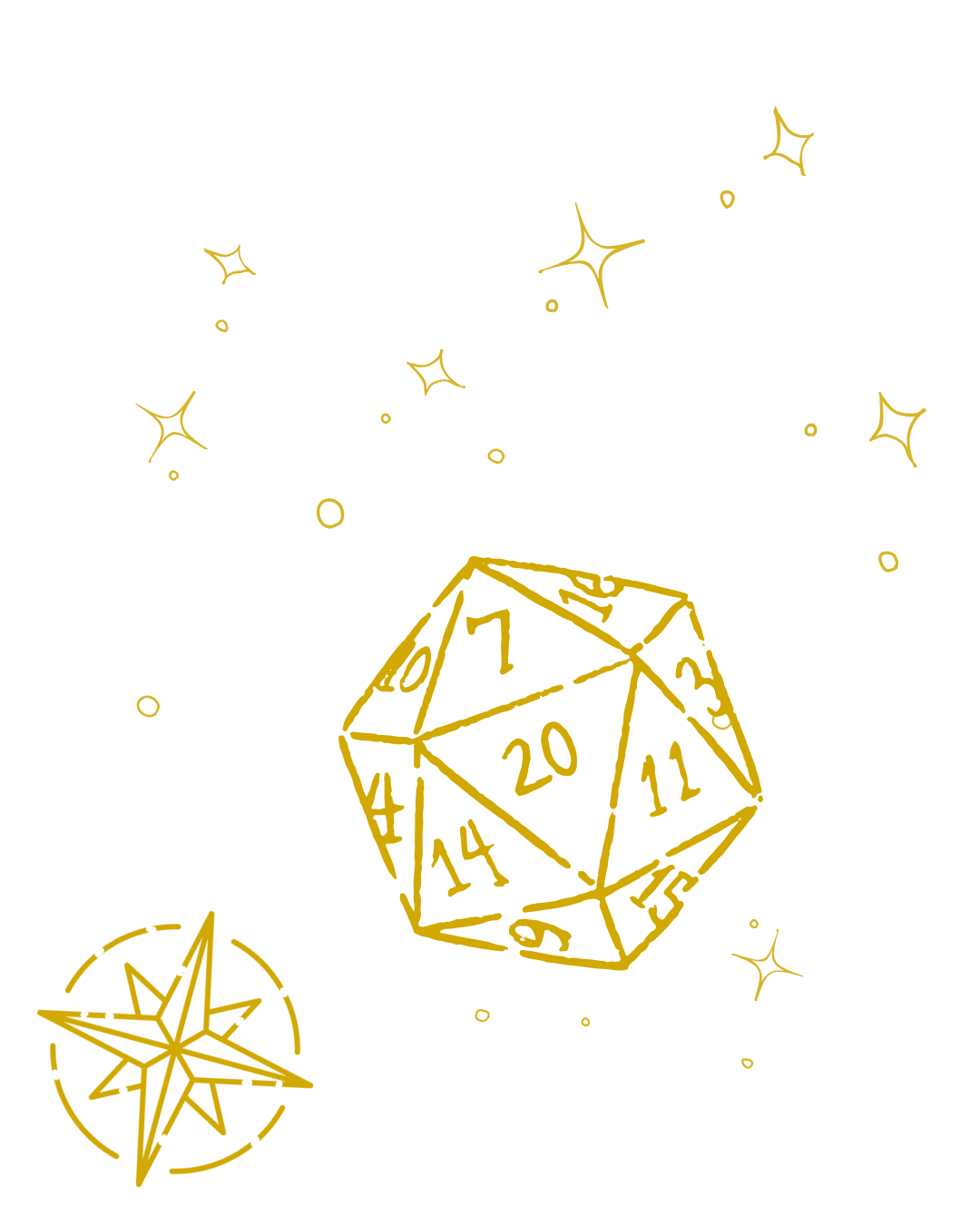 gold d20, compass, and sparkles