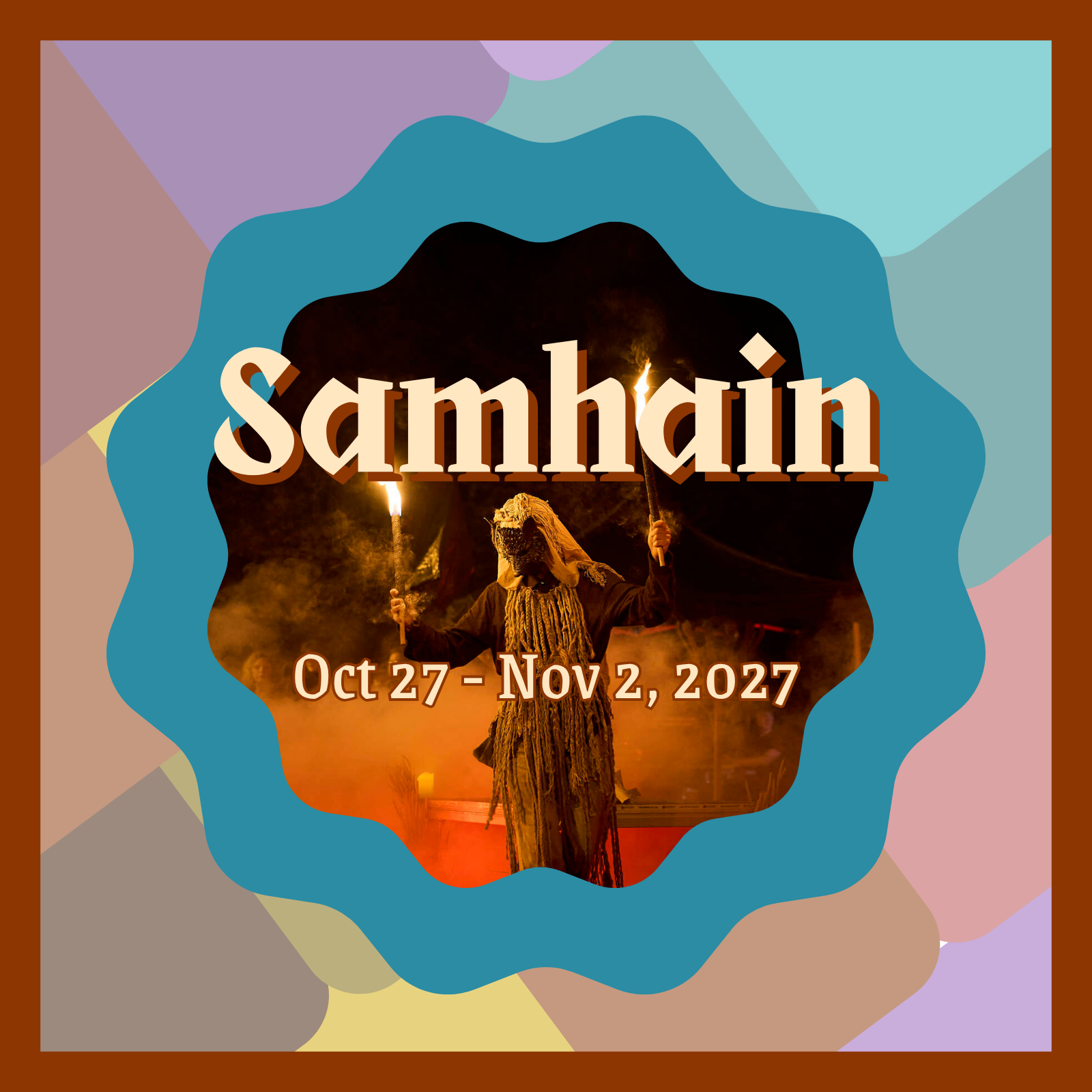 a colorful graphic for a samhain tour with an image of a person in costume with a torch