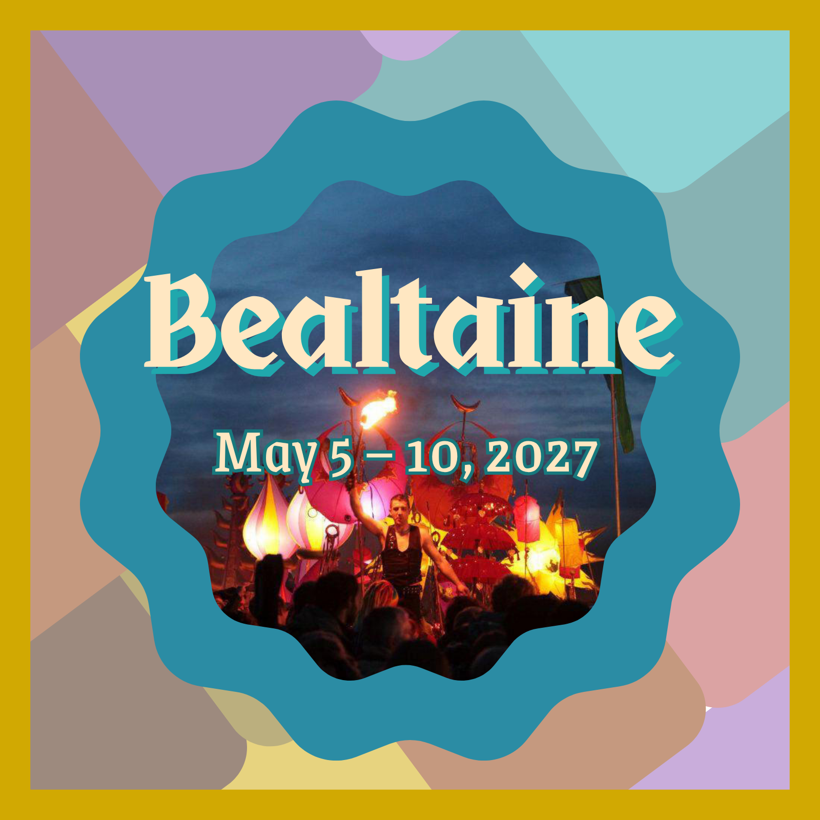Poster for the Bedlam music festival, April 28 to May 3, 2027, featuring a photo of a night parade with illuminated lanterns and performers, set against a dark sky.