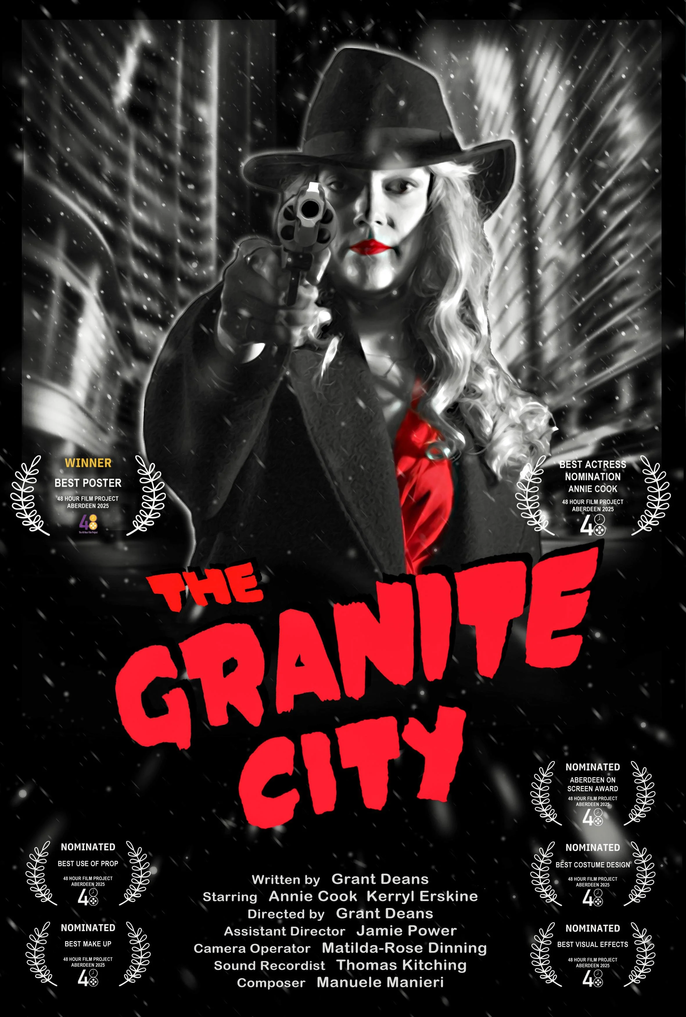 A black and white poster with a woman wearing a black cowboy hat, red lipstick, and a red dress, pointing a revolver forward. The film title 'The Granite City' is in bold red text, and there are award nominations and wins listed around the poster.