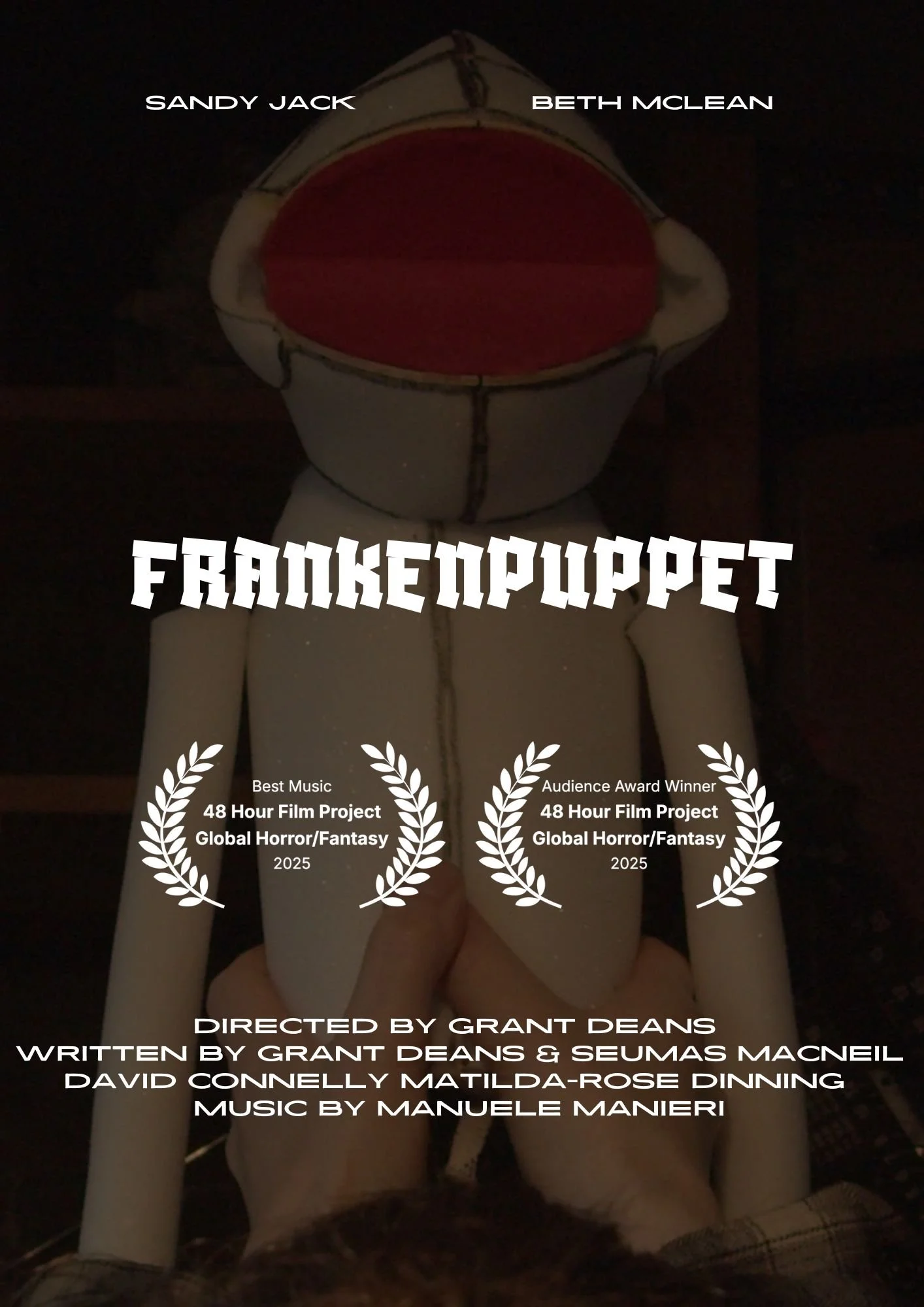 A movie poster for 'Frankenpuppet' featuring a puppet with a bowl-shaped head and a zipper running down the center, set against a dark background.