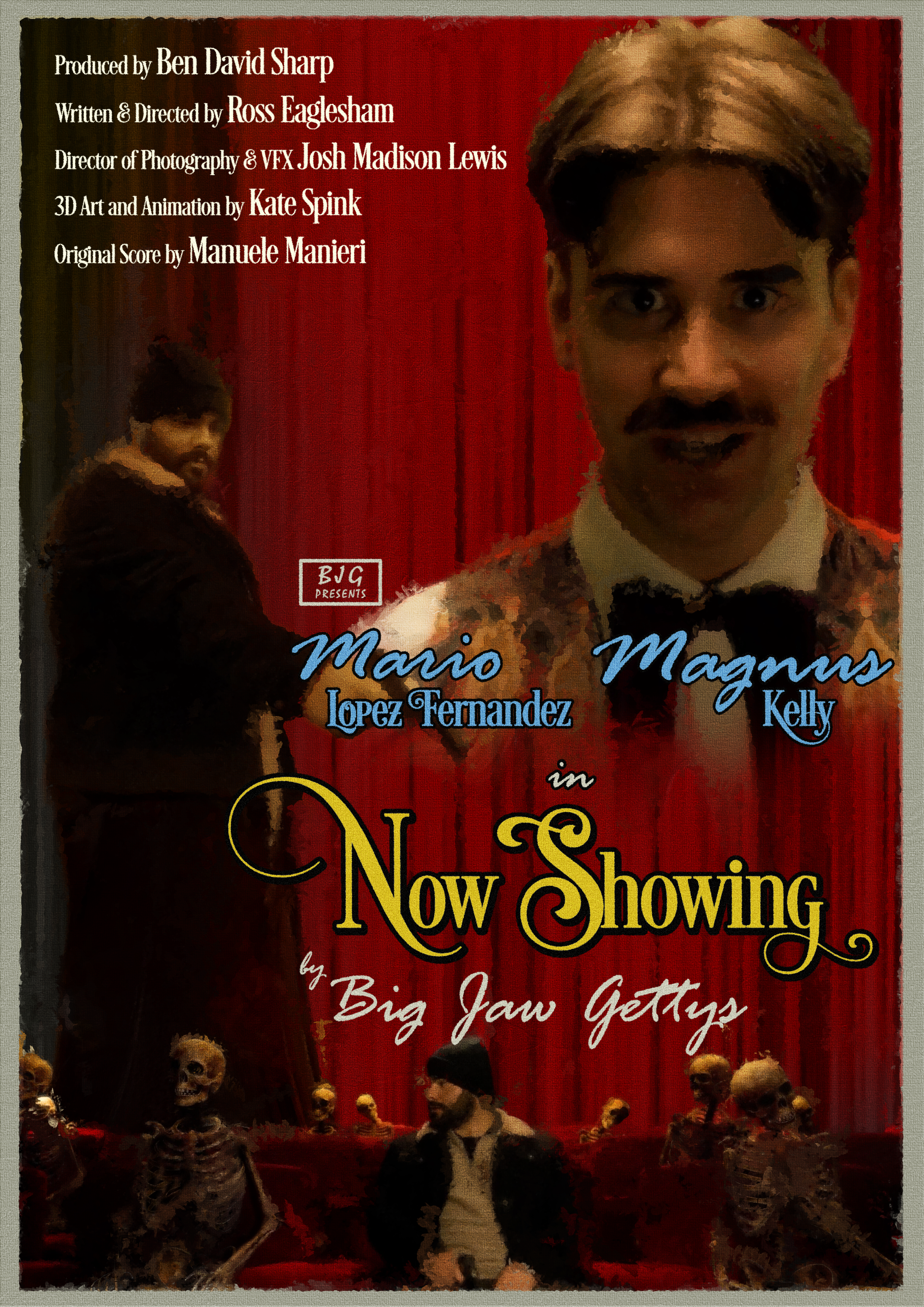 Movie poster featuring Mario Lopez Fernandez and Magnus Kelly for the comedy film "Now Showing" by Big Jaw Gettys. The poster shows large portraits of the actors against a red curtain background, with smaller images of a man in a beanie and skeletons sitting on a red velvet couch at the bottom.