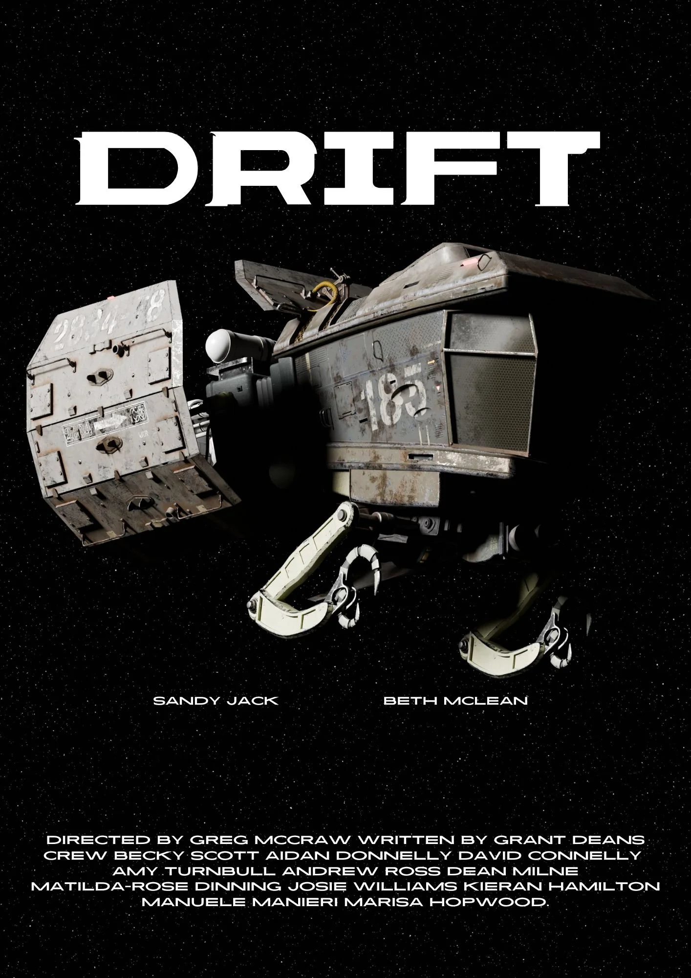 Movie poster for 'Drift' featuring a spaceship in space, with the title at the top and credits at the bottom.