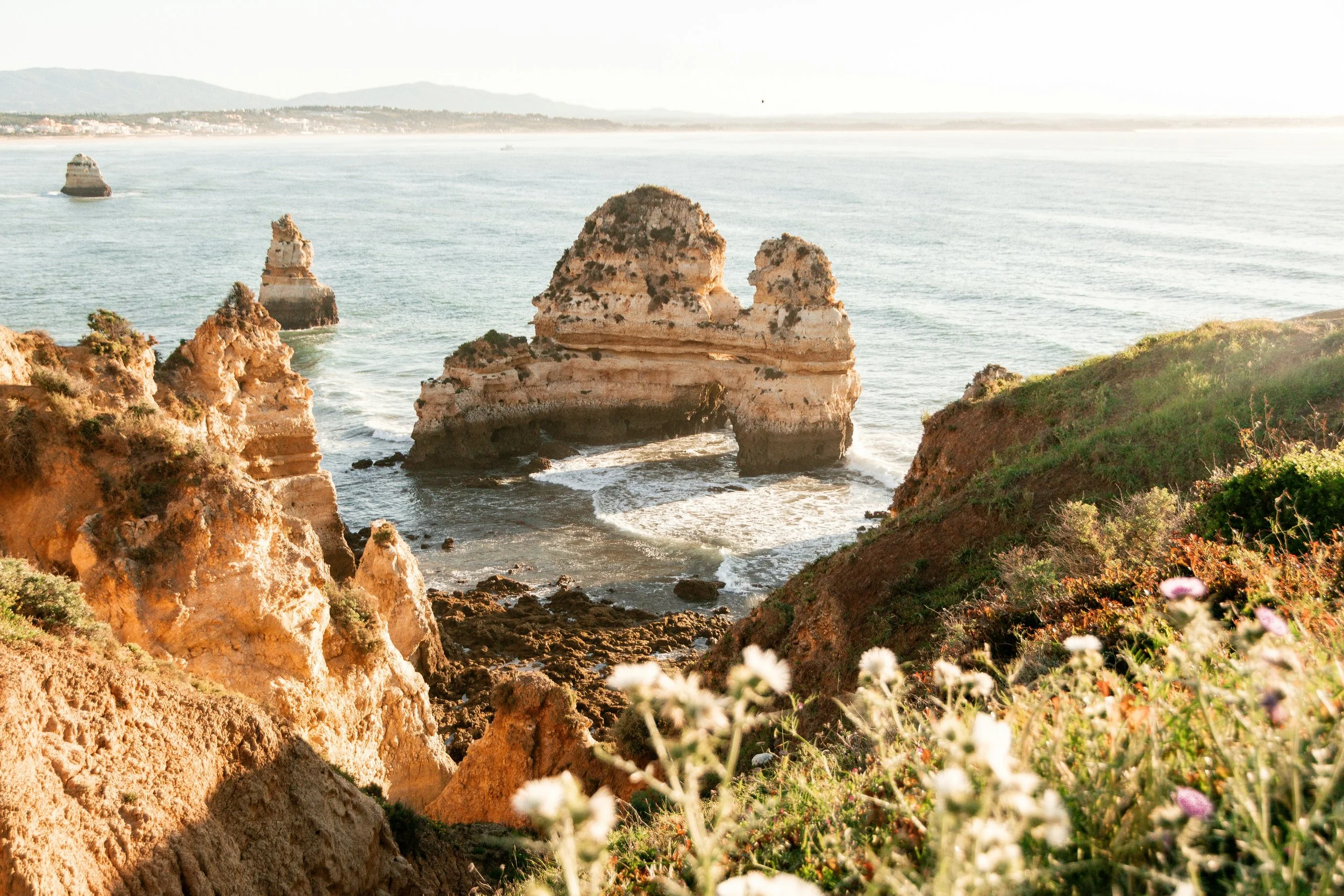 Costa rochosa com forma de arco e rochas destacadas ao mar, com vegetação ao redor e horizonte ao fundo.
