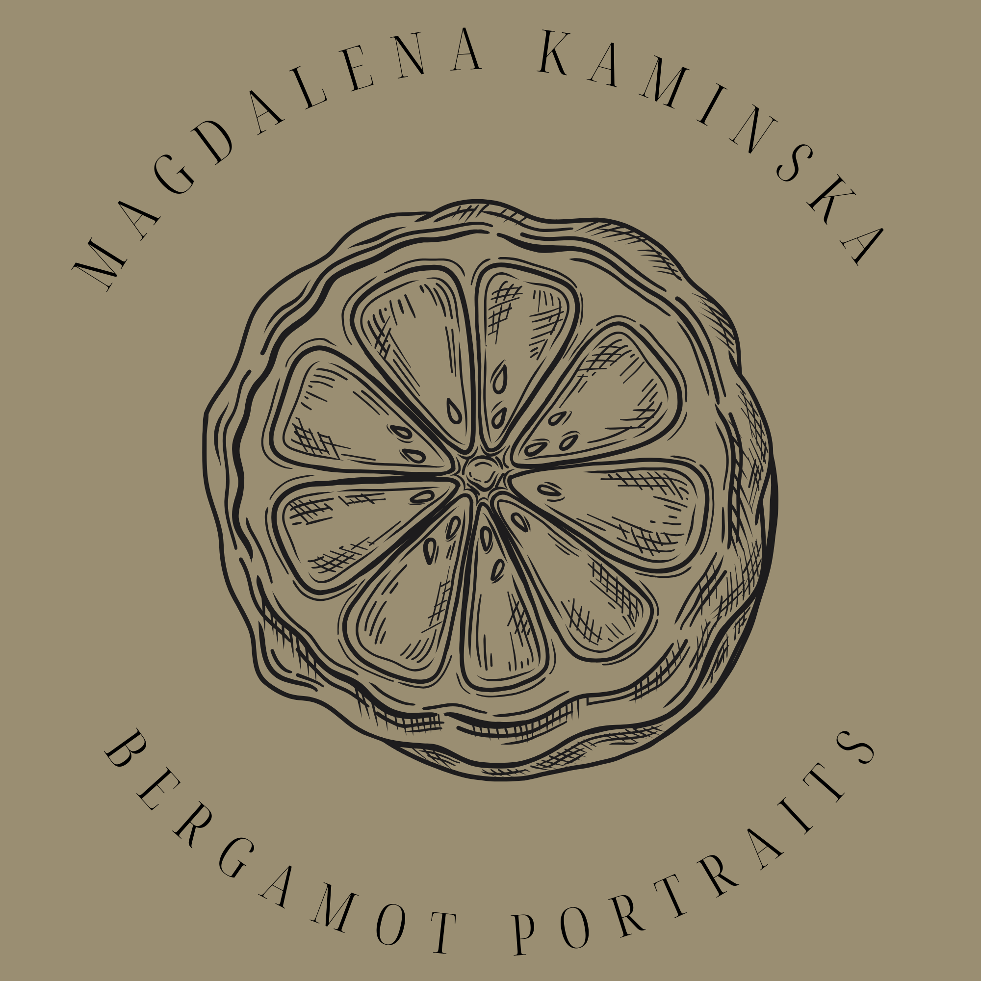 A digital illustration of a citrus fruit, possibly a lemon or lime, sliced in half, with labels in a curved pattern around it reading "Magdalena Kamilinska" and "Bergamot Portraits."