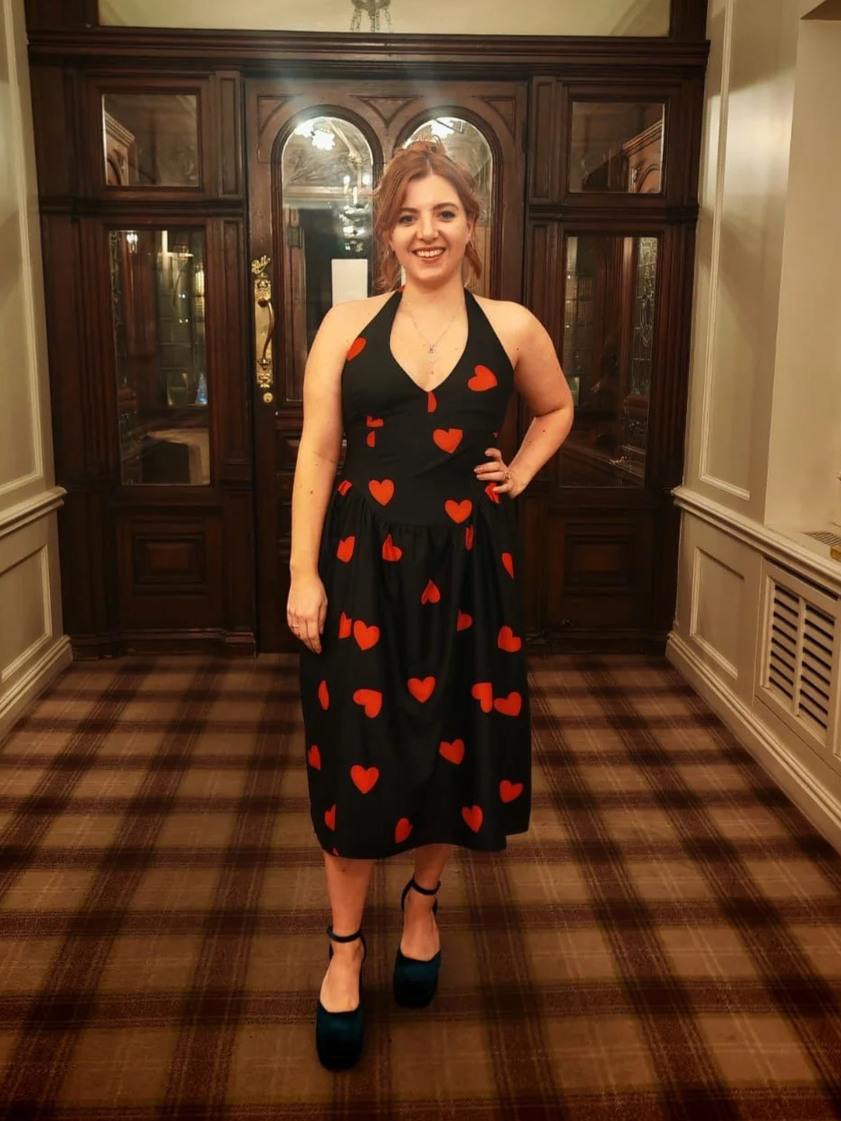 bespoke ball dress created from upcycled love heart duvet cover