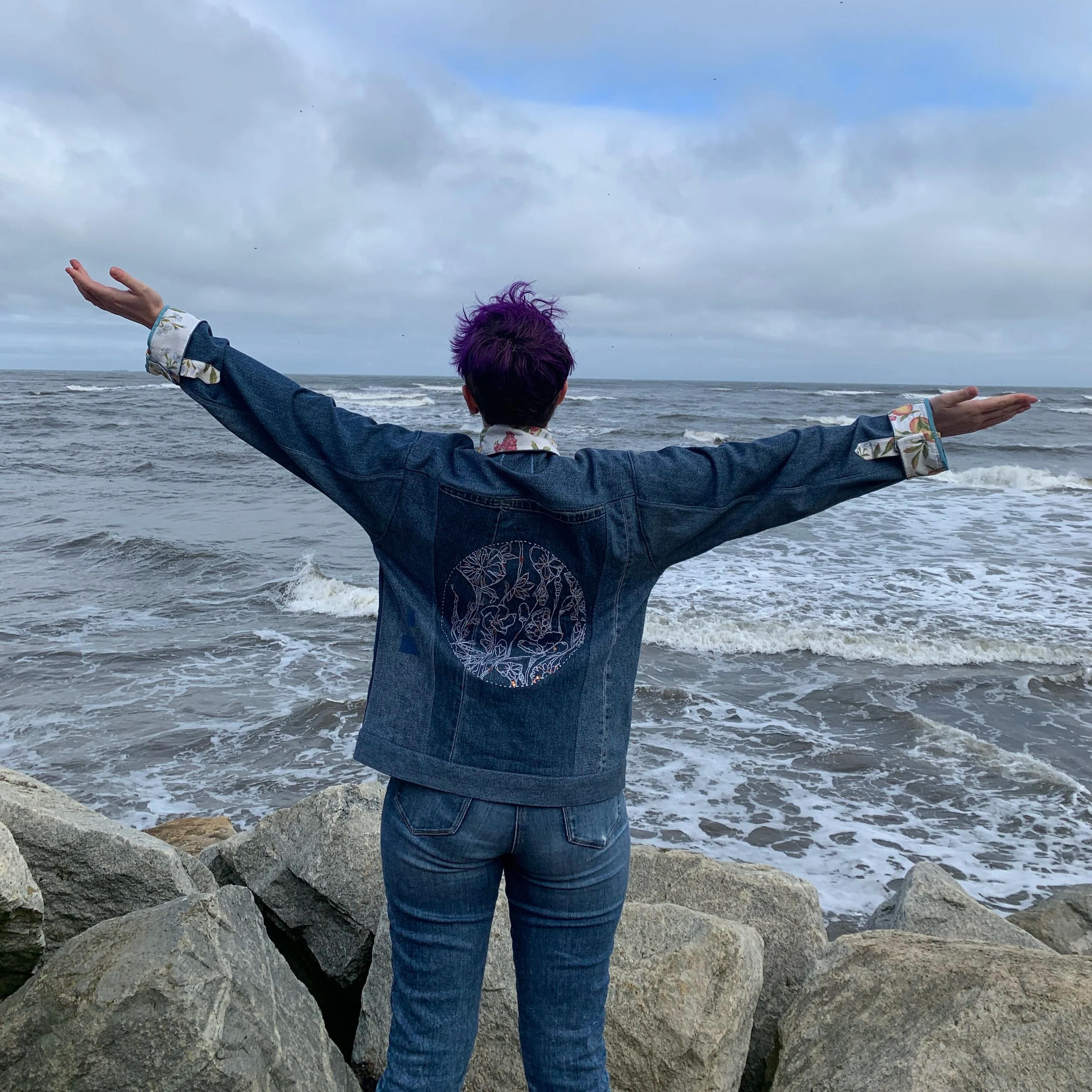 embroidered denim jacket made from repurposed denim jeans created by sustainable dressmaker Ellie Stitches