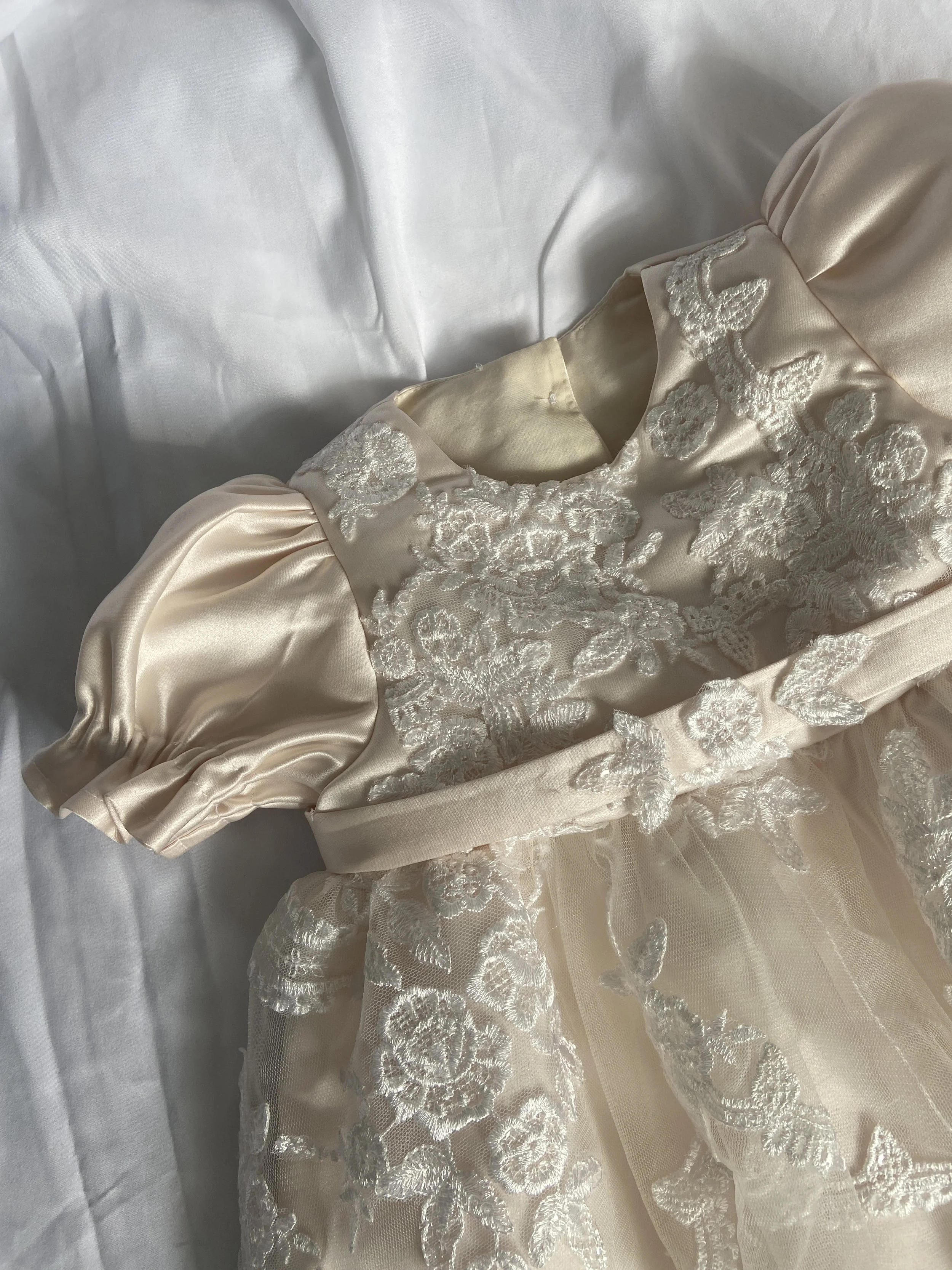 bespoke babtism dress created from upcycled wedding dress