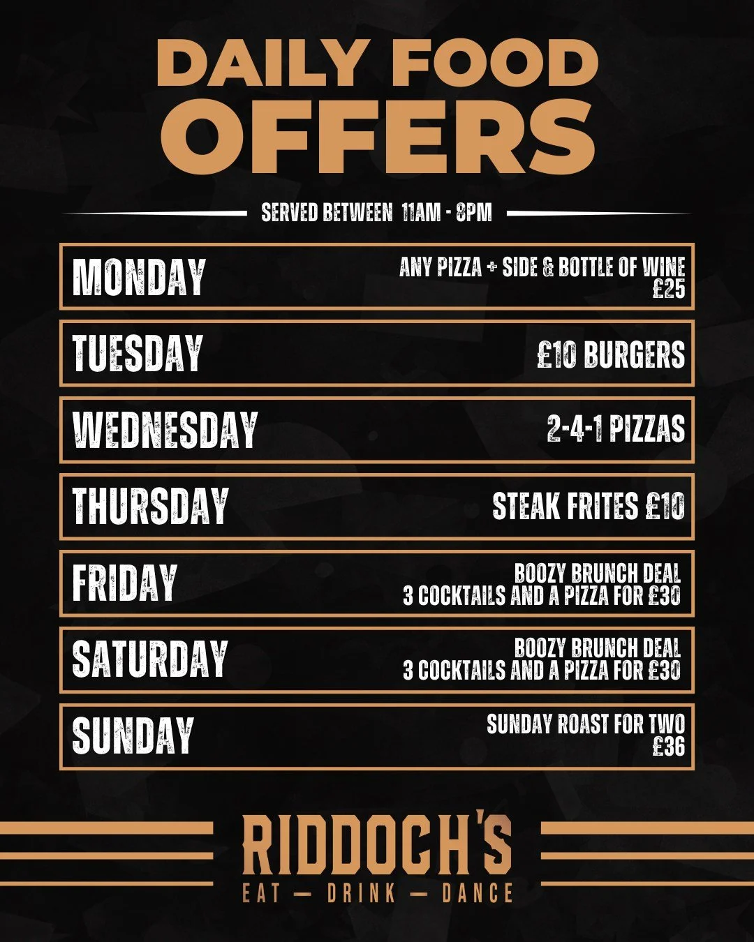 First things first&hellip; 👀
Here&rsquo;s our daily food deals at Riddoch's!

Full menu dropping very soon. 🍔

#Riddochs #DundeeFood #NewVenue #DundeeEats #ComingSoon #FoodDeals