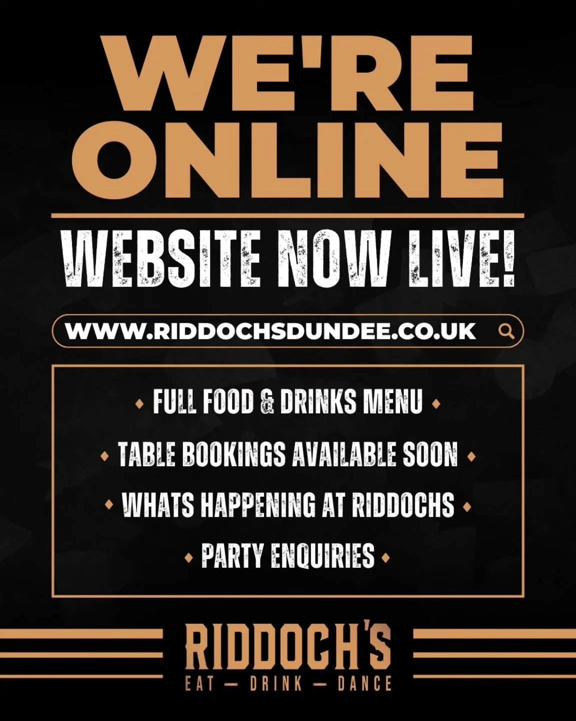 OUR WEBSITE IS LIVE 🌐

With only 4 days to go until we open, we thought we&rsquo;d give you a little treat&hellip;

You can now visit www.riddochsdundee.co.uk to get your first look at our full food and drinks menu!

This is just the beginning. The 