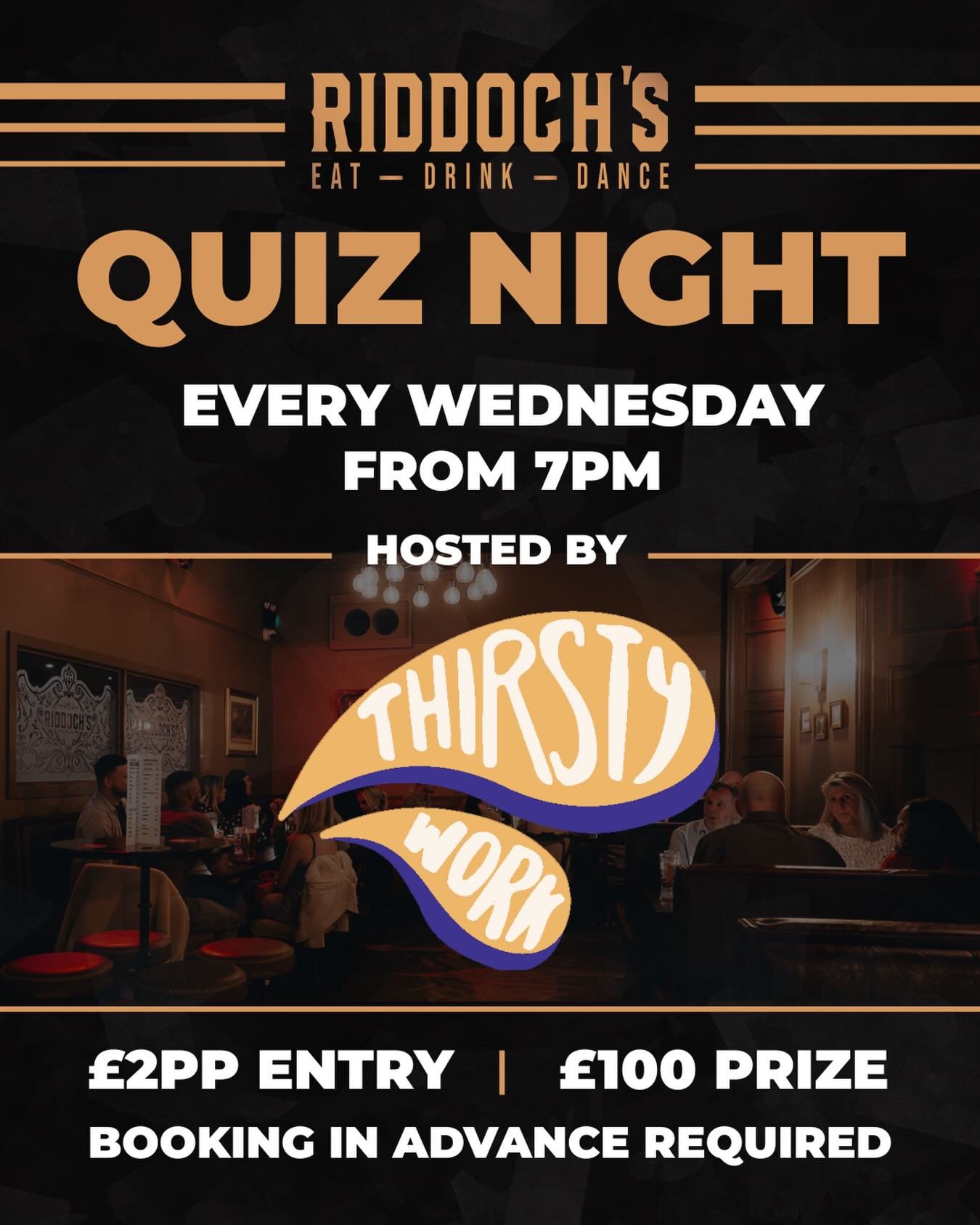 QUIZ NIGHT every Wednesday from 7PM, 
Hosted by Thirsty Work, join us at Riddoch&rsquo;s for a night of great questions, good drinks, and a little healthy competition. 
 Booking in advance required, simply DM. 
Get your team together and we&rsquo;ll 