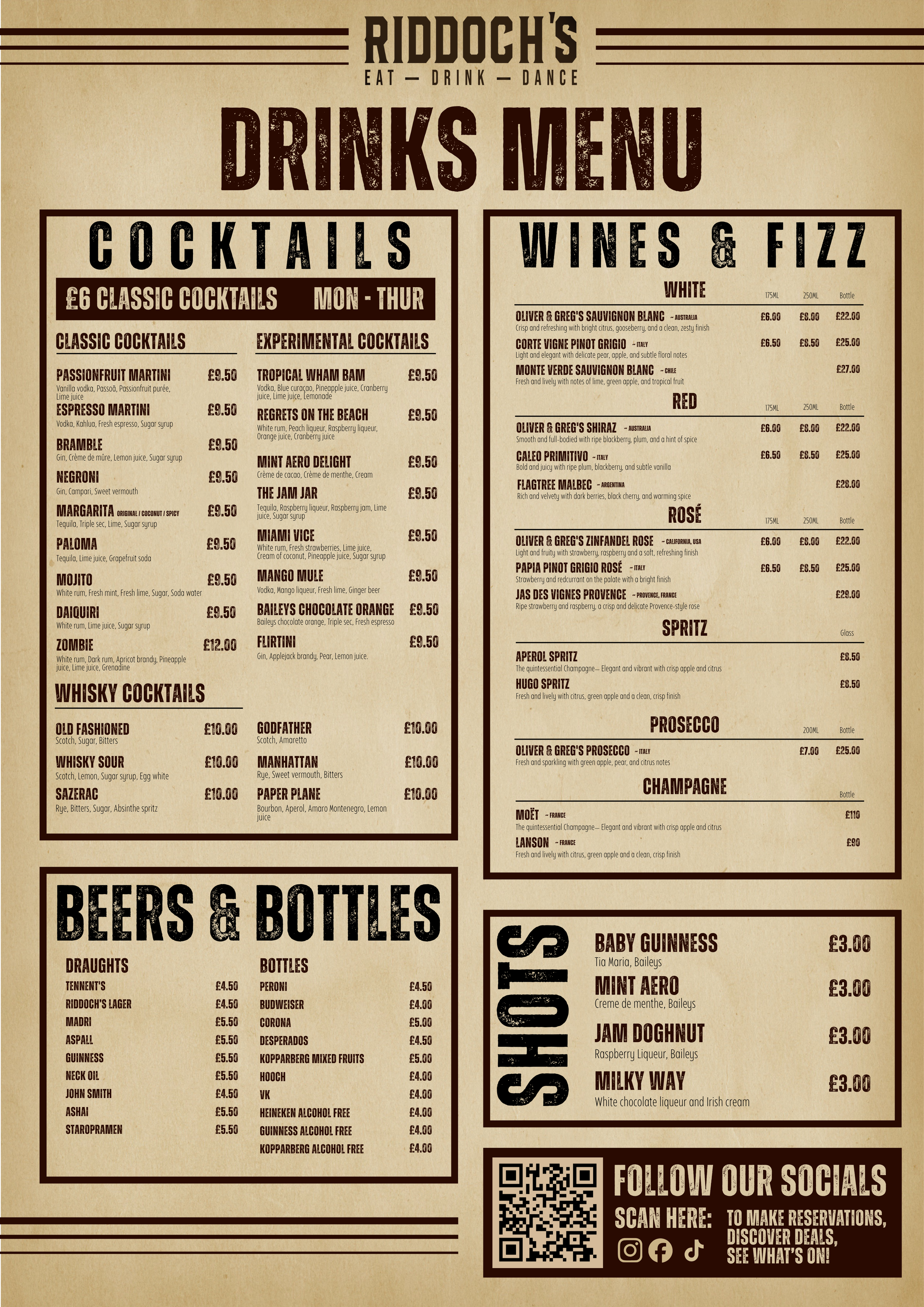 Drink menu from Riddoch's featuring cocktails, wines, fizz, beers, bottled drinks, shots, and champagne, with prices listed for each category.