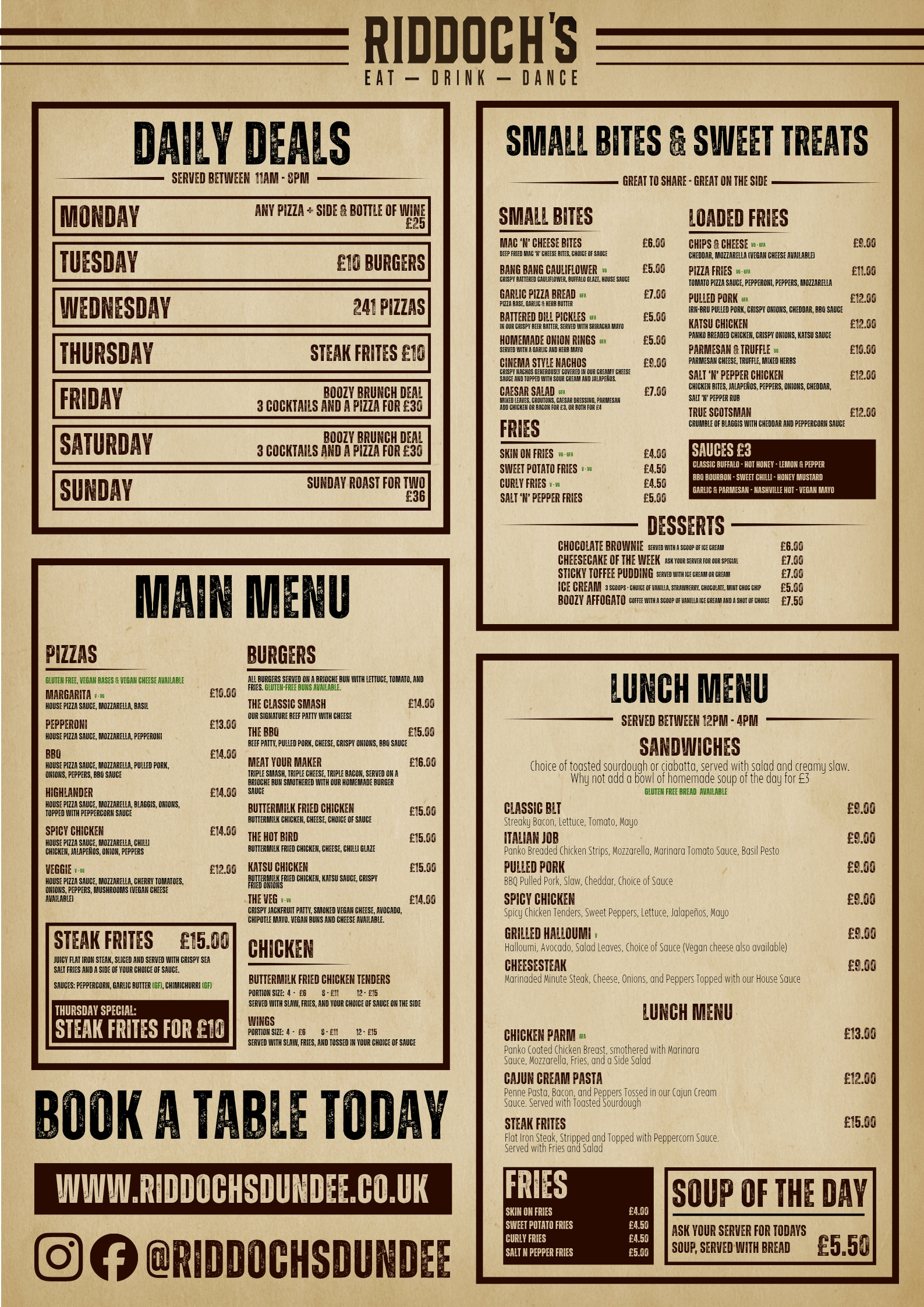 A restaurant menu featuring daily deals, small bites, sweet treats, fries, desserts, lunch options, and a main menu with pizzas and burgers, as well as side dishes and sauces.