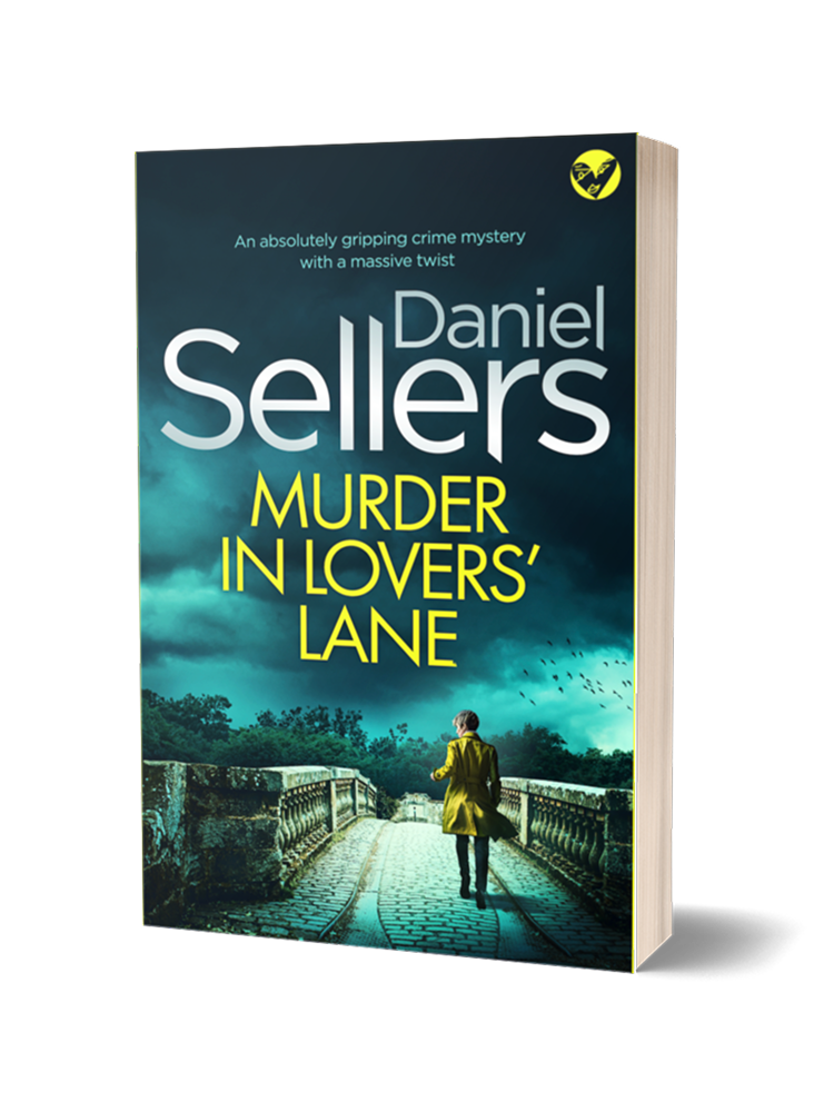 Book cover for 'Murder in Lovers' Lane' by Daniel Sellers, depicting a person walking on a stone bridge with dark stormy clouds overhead and a flock of birds flying in the distance.