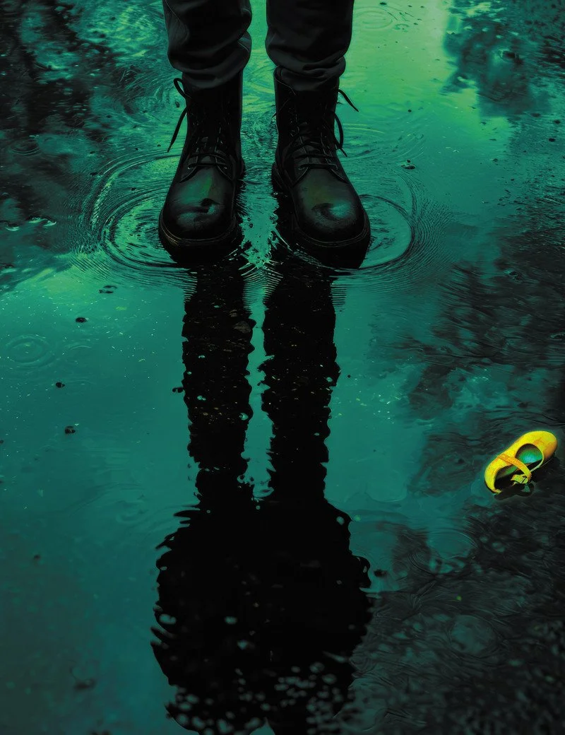 Person standing in a puddle wearing black boots and dark pants, with a yellow and black object floating nearby on the water.