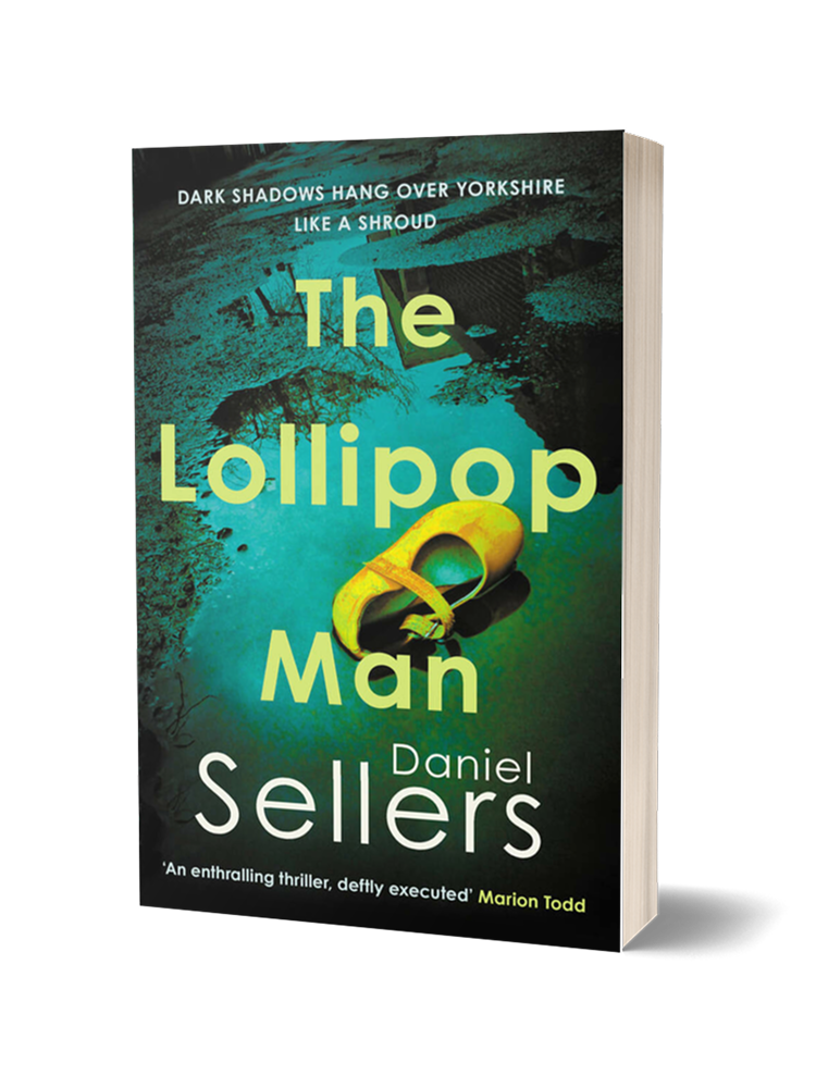 Book cover for 'The Lollipop Man' by Daniel Sellers, featuring a yellow shoe in a puddle over a dark and greenish background.