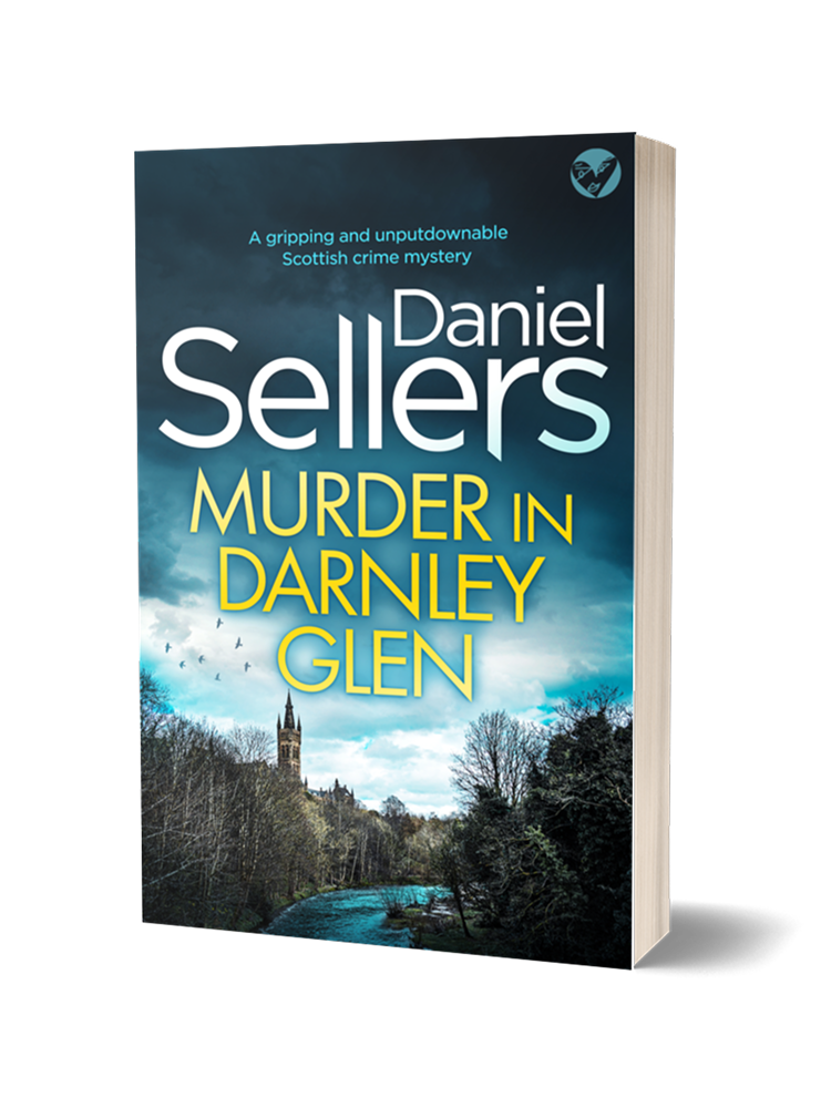 Book cover for 'Murder in Darnley Glen' by Daniel Sellers, featuring a landscape with a river, trees, and a church tower under a cloudy sky.