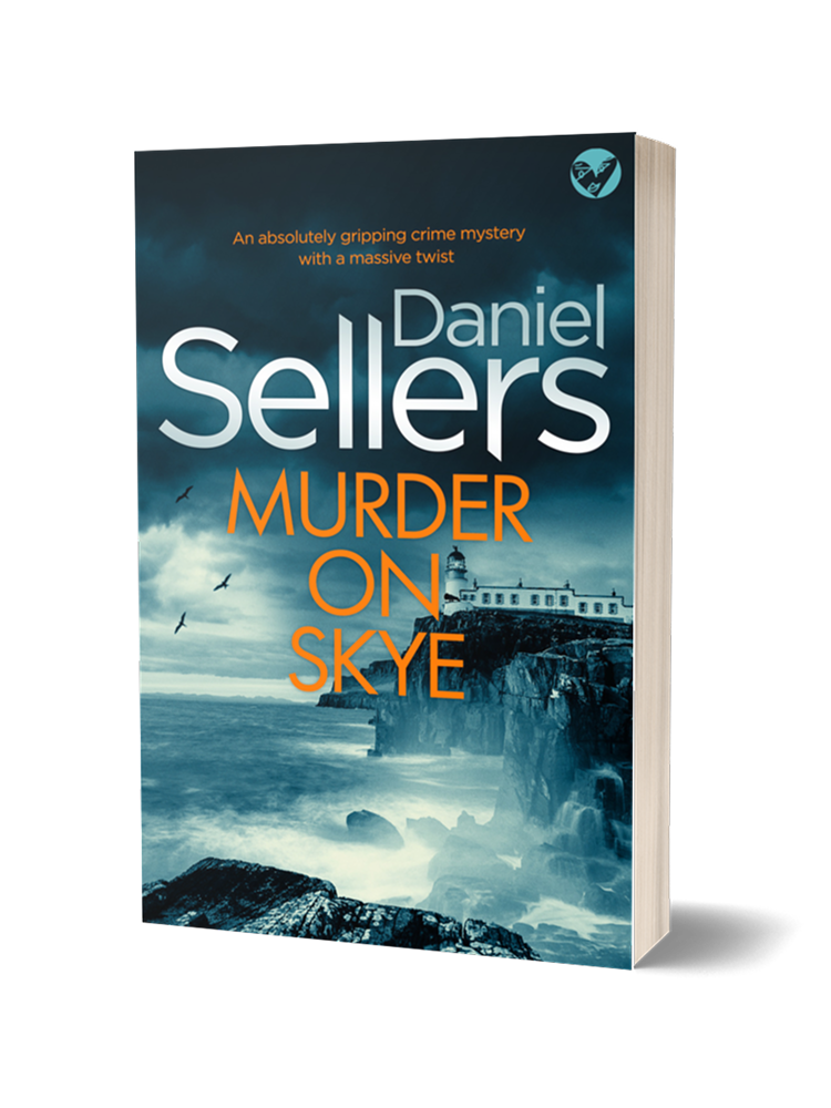 Book cover for 'Murder on Skye' by Daniel Sellers, featuring a dark, stormy sky, a rocky coastline with a lighthouse, and flying birds.