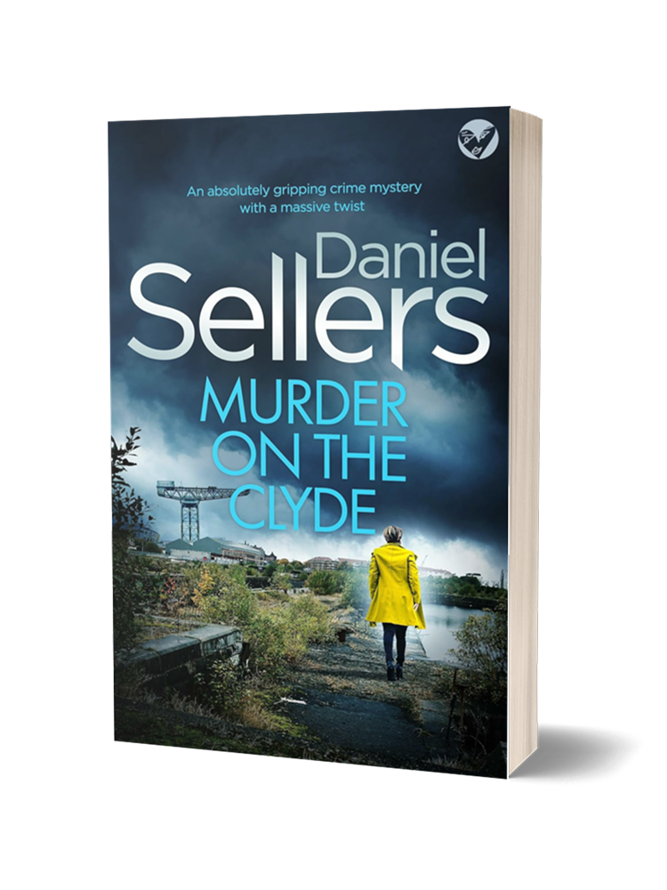 The cover of the book "Murder on the Clyde" by Daniel Sellers features a stormy sky, a solitary woman in a yellow coat walking along a riverside path, with industrial buildings and the river in the background, suggesting a mystery set in a Scottish urban landscape.