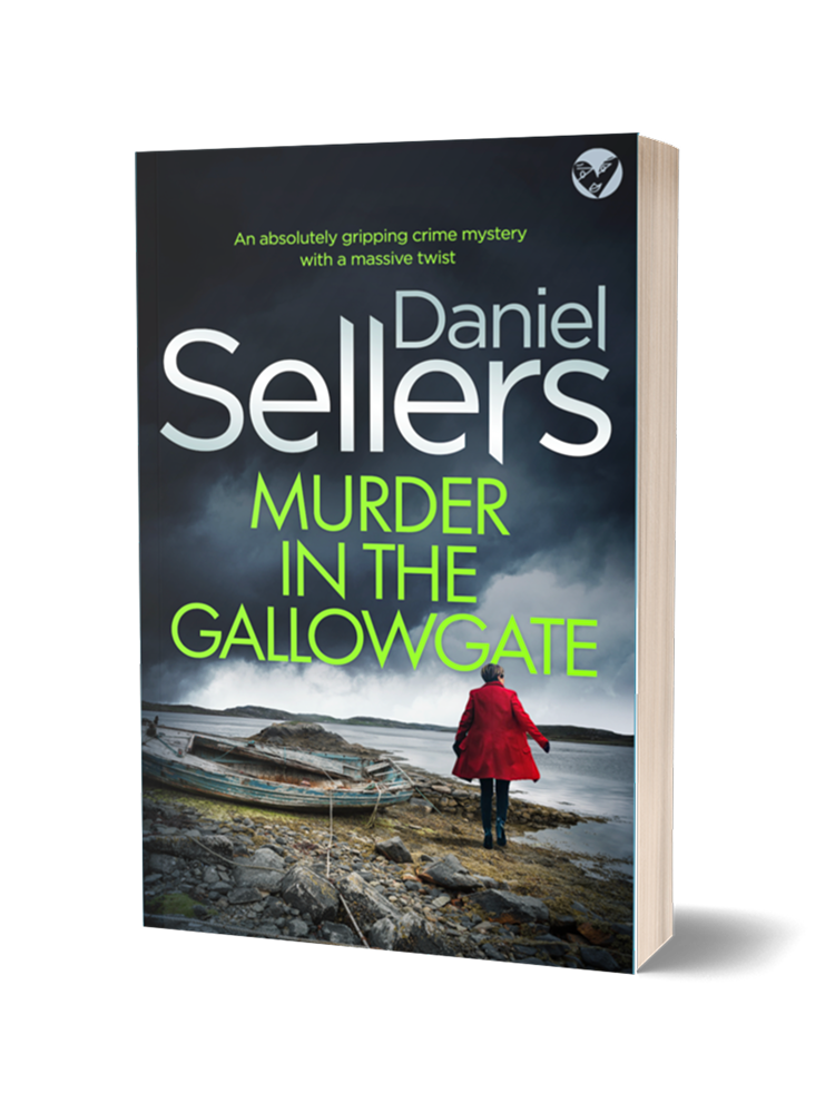 A book titled 'Murder in the Gallowgate' by Daniel Sellers, showing a woman in a red coat walking along a rocky shoreline with boats and stormy clouds in the background.