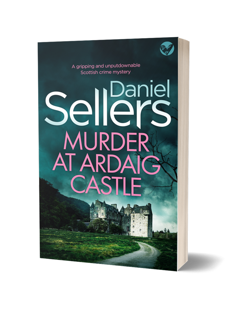 Book cover of 'Murder at Ardaig Castle' by Daniel Sellers, featuring a dark, ominous sky, a castle surrounded by greenery, and leafless trees with a winding path leading to the castle.