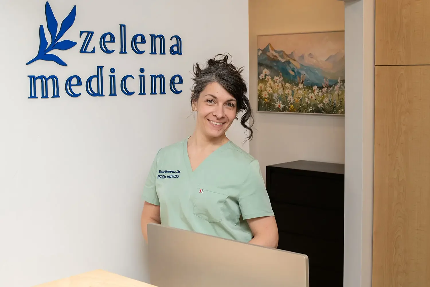 Mishe Skenderova, acupuncturist at Zelena Medicine in Basalt, Colorado at front desk.