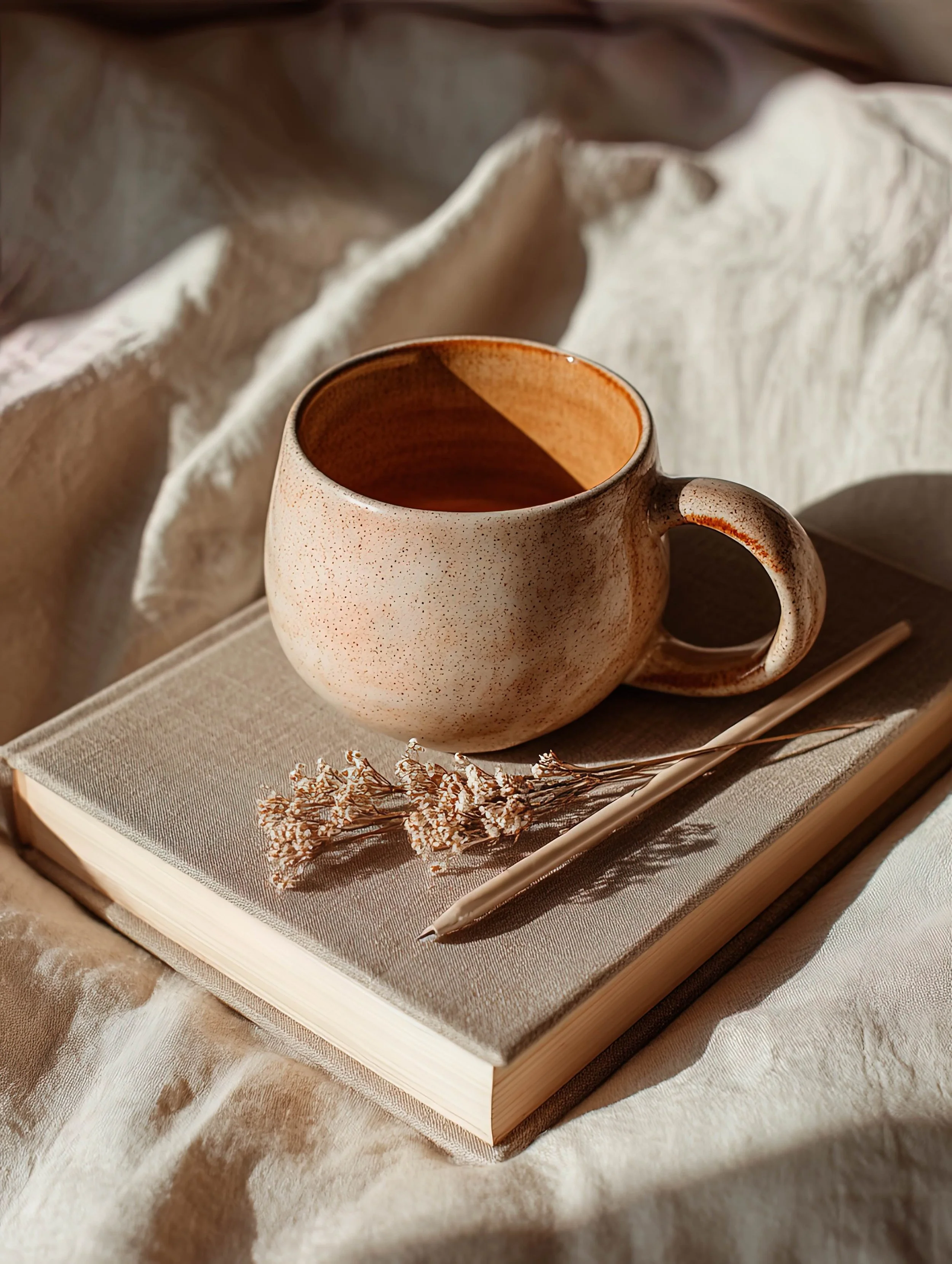 A ceramic mug on top of a closed book, with dried flowers and a pen beside it, on a textured fabric surface.