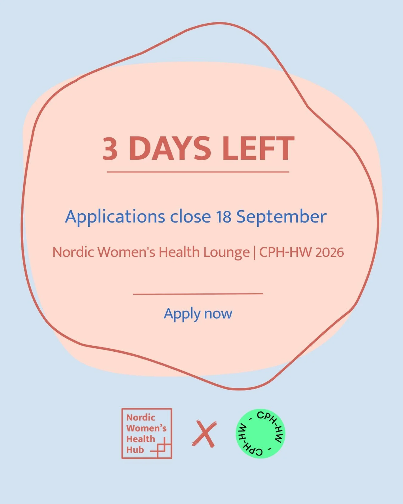 ⏰ 3 days left to apply!

Applications for the Nordic Women&rsquo;s Health Lounge close 18 September.

Exhibit at Copenhagen Health Week 2026 (3&ndash;4 Oct, &Oslash;ksnehallen) for 3,500 DKK + VAT, a fraction of the standard rate.

Don&rsquo;t wait u