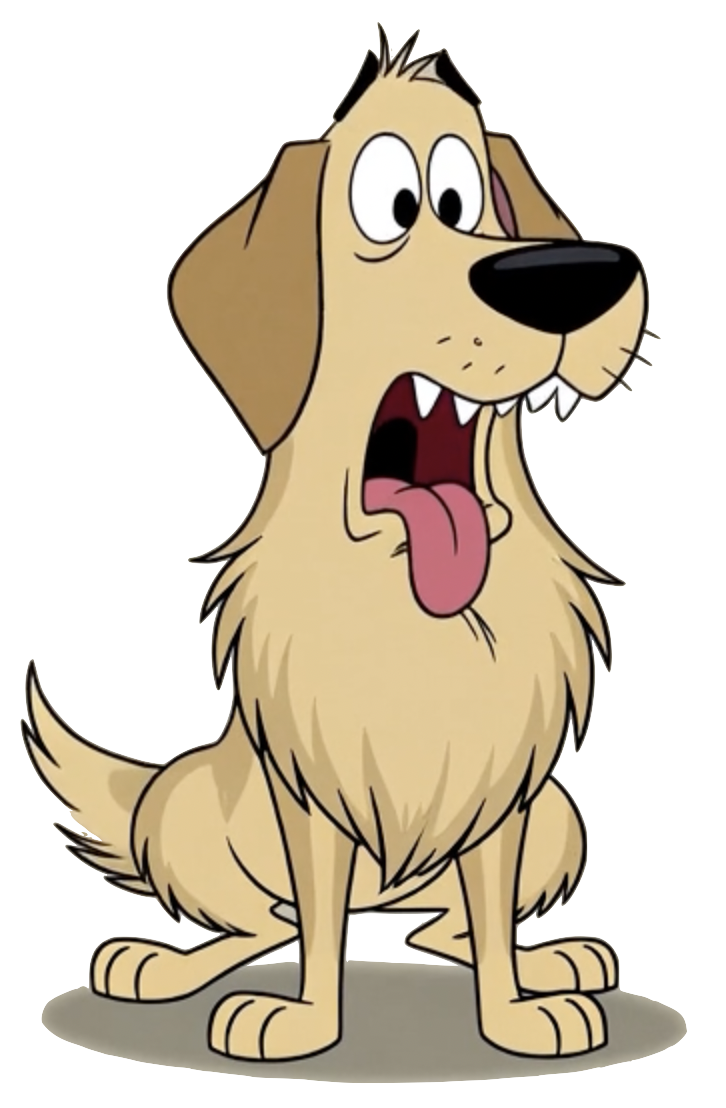 Cartoon of Ditzy the dog with light brown fur, floppy ears, black nose, open mouth with tongue hanging out, and wide eyes, sitting on a gray surface. Southpark