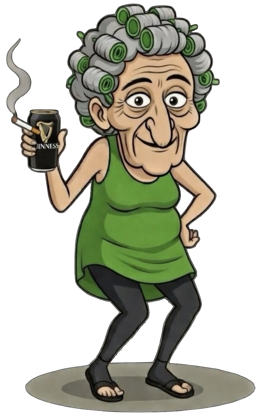 #adultswim Cartoon of Grandma with green curlers in her hair, wearing a green sleeveless dress and black leggings, holding a can of Guinness beer with a cigarette in her hand, standing with a playful pose.