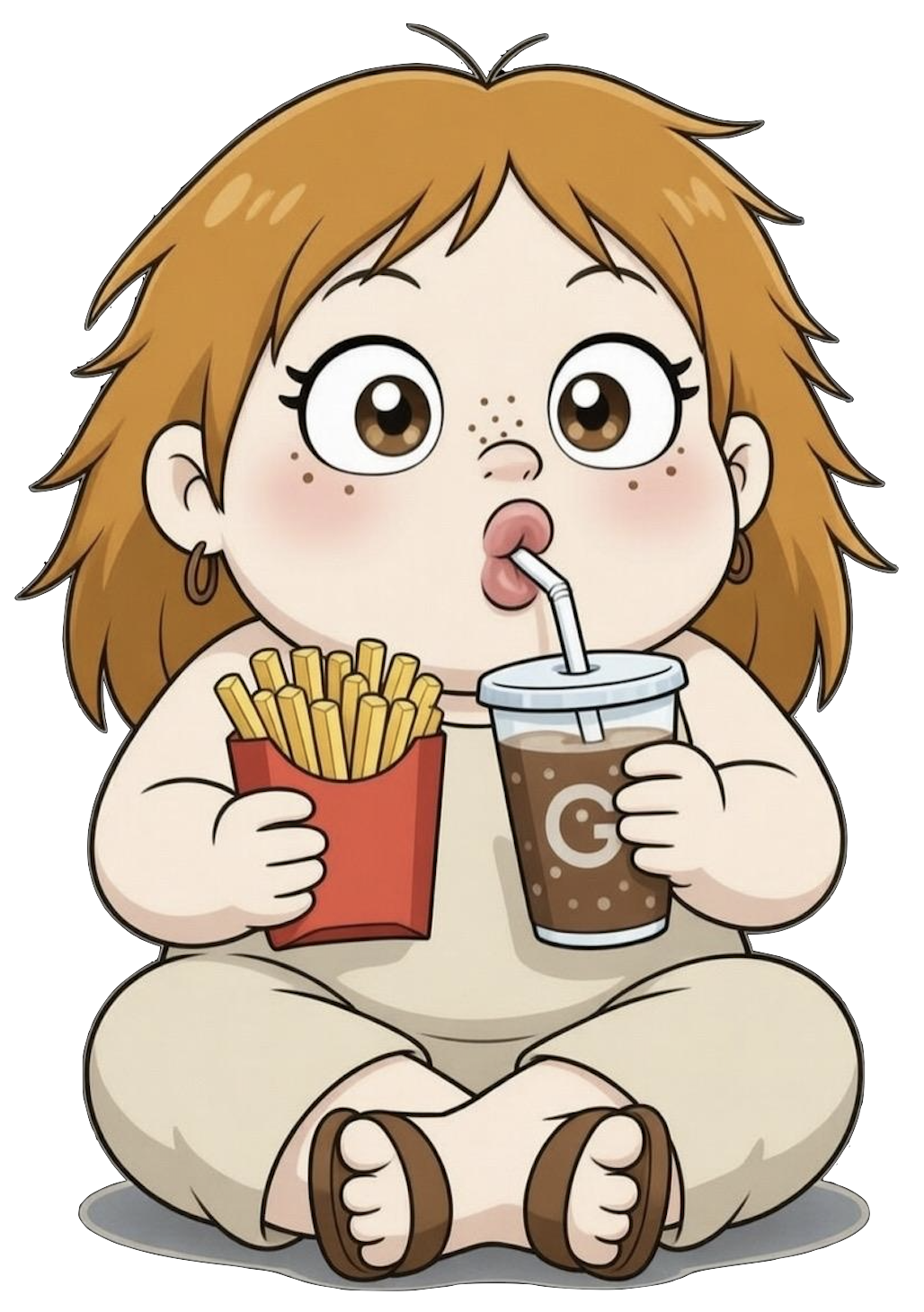 Cartoon of Honey with freckles and brown hair, sitting cross-legged, holding a box of French fries in one hand and a large soda with a straw in the other, while drinking from the straw.