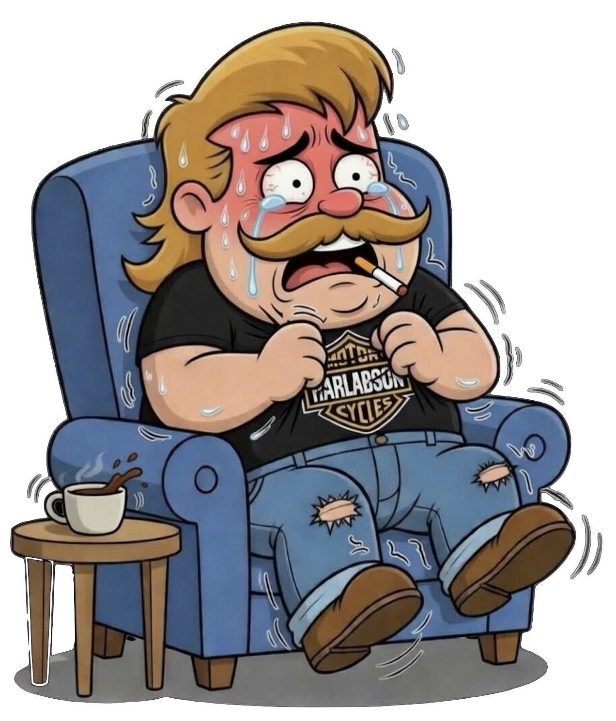Cartoon of a stressed man called Billy with long blond hair, mustache, sitting on an armchair, sweating, crying, with a cigarette in mouth, and a cup of tea on a small table.