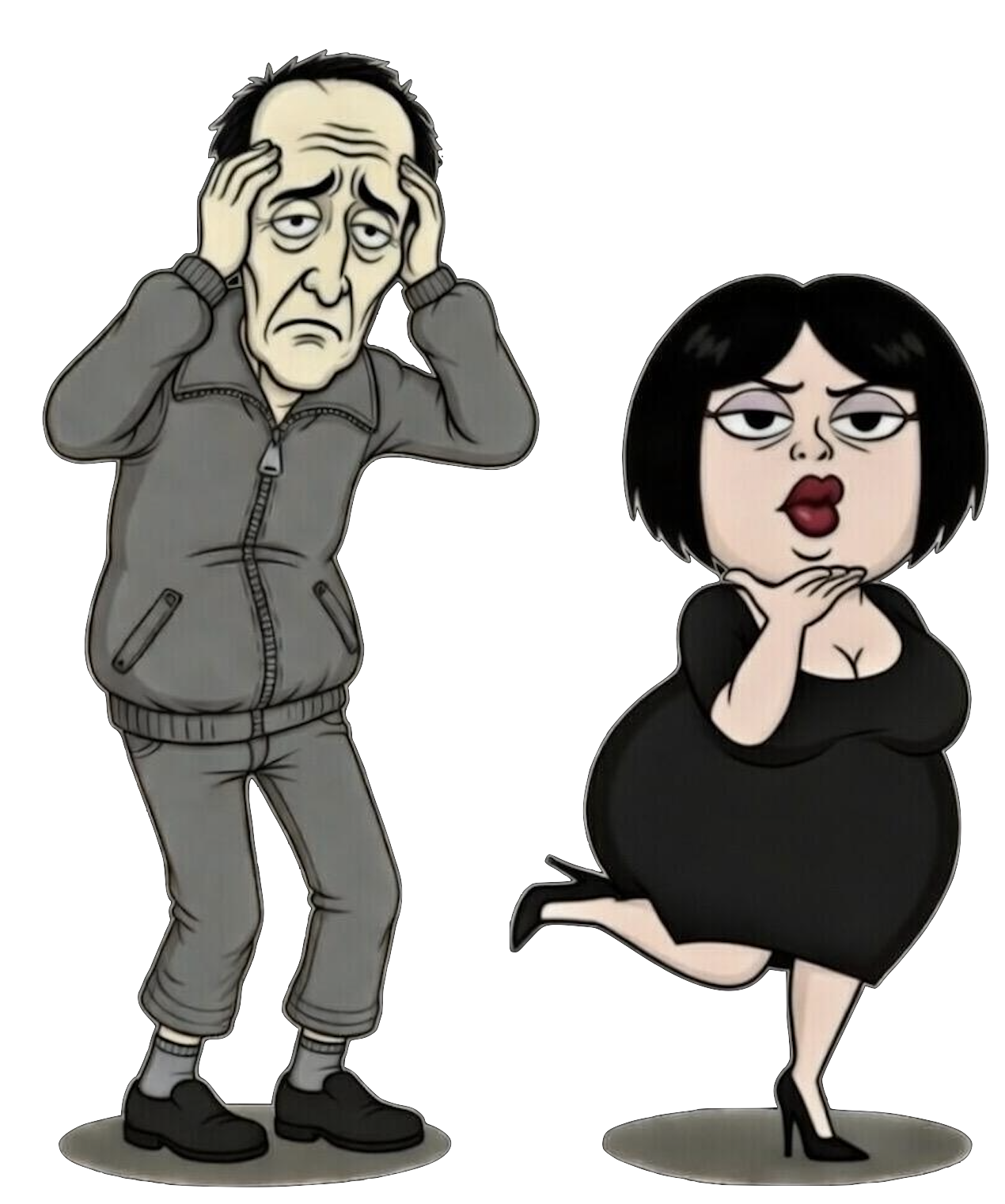 Cartoon illustration of Hank in gray hoodie and pants holding his head, and a Nancy Black in a black dress with short black hair, lipstick, and one leg raised, striking a playful pose.