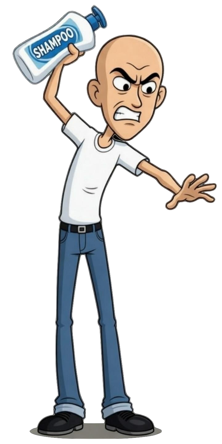 "Giggity Gigitty" Cartoon of Bobo with his usual bald head and an angry expression, holding a bottle labeled 'shampoo' in one hand and extending the other hand outward.