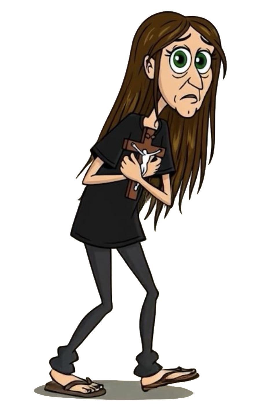 "what the hell" A cartoon of Fanny looking worried and sad with long brown hair, holding a cross and a small white figure, dressed in dark clothing and flip-flops.