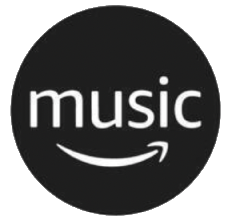 Amazon Music logo with black circular background, white text, and smiling arrow.
