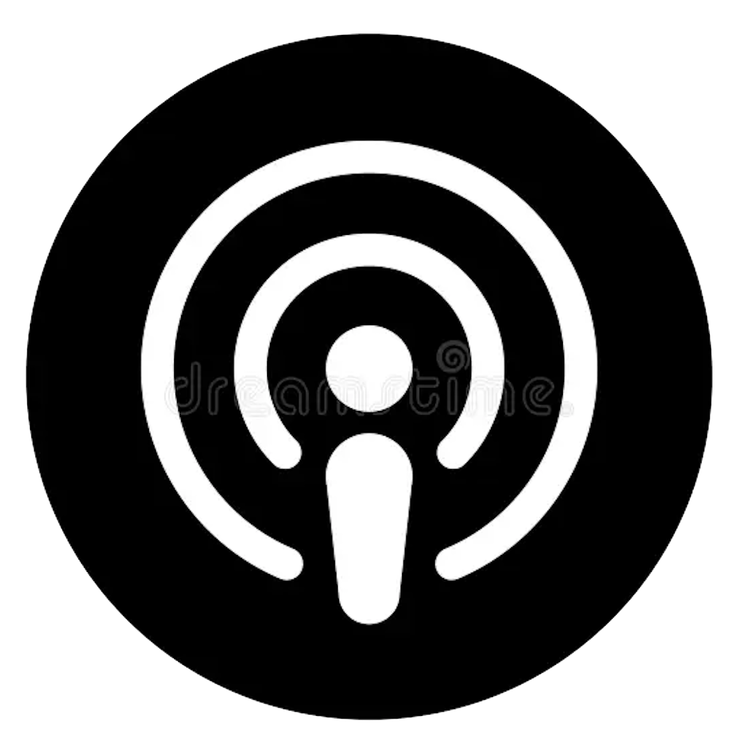 Podcast microphone icon with concentric circles on black background.
