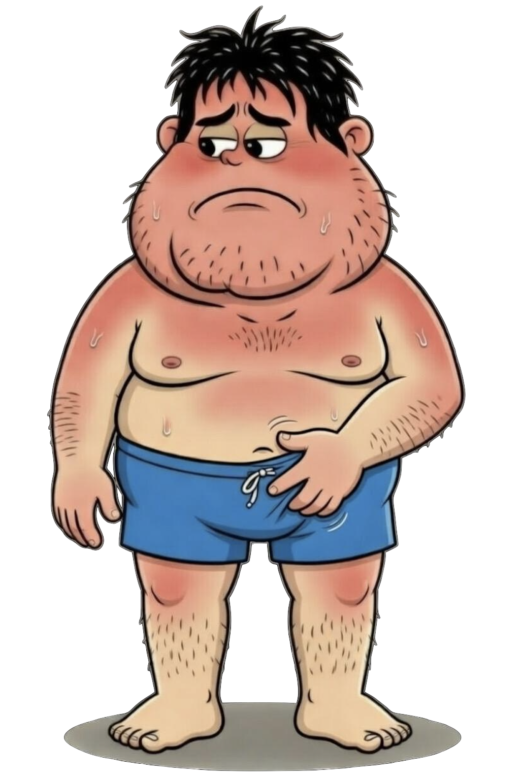 A cartoon of Bubba, an animated character wearing blue shorts, sweating, looking sad and touching his groin.