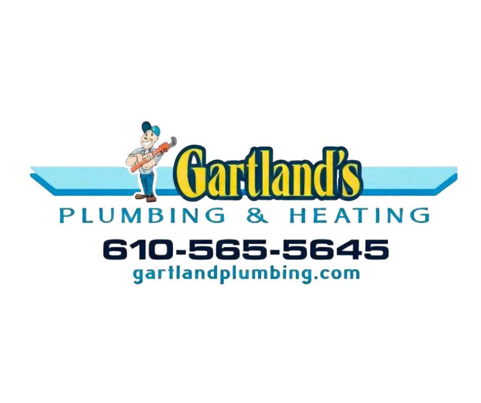 Logo for Gartland's Plumbing & Heating featuring a cartoon character holding a wrench.